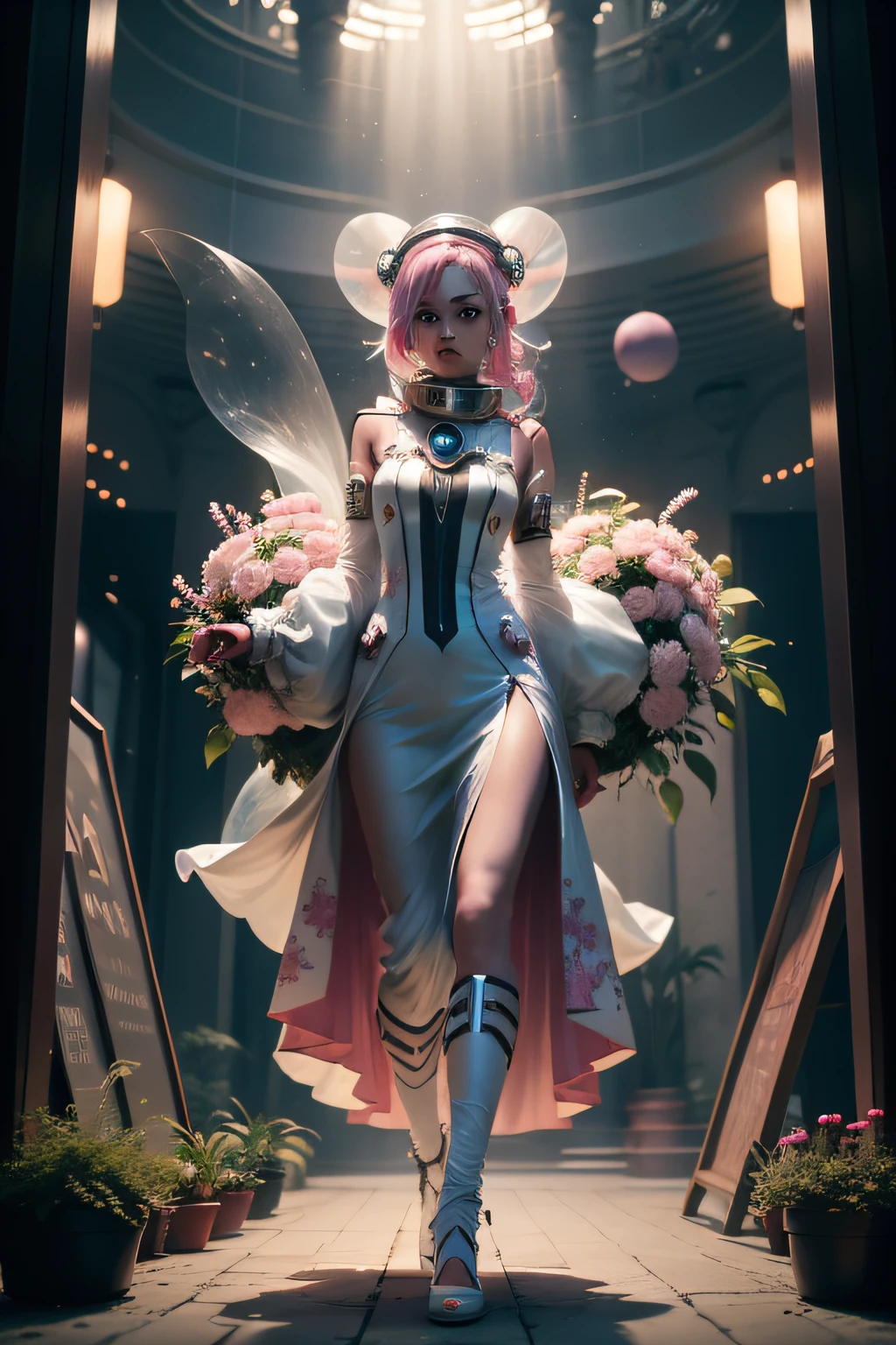 Cinema shot, Inspired by the movie ALIEN, the model is in SPACE with a round transparent silk cover on her head, that's flowing in the air, which has pink and white flowers. She is surrounded by many plants, fairy tale world, fairyland, clothes inspired from iris van, mystery, fashion photography, HD, cyberpunk, bio - punk, 16K, real model, beautifuol face, full body shot, big scene, canon 5D, photography  --ar 2:3 50 --style raw --s 2