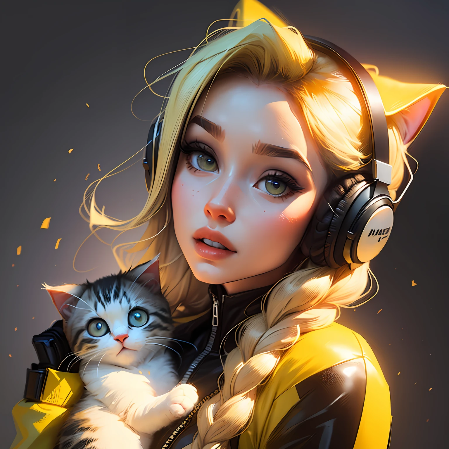 (Extremamente detalhado CG Unity 8k papel de parede, obra-prima, melhor qualidade, super detalhado), (best ilumination, melhor sombra, beleza extremamente delicada), flutuante, olhos azuis brilhantes
	
[(Bandanas, brincos, (ciano: 1.5|vermelho: 1.2) Braided pig tail blonde hair with kitten headphones, (amarelo claro: 1.3) catsuit) :: 0.8]