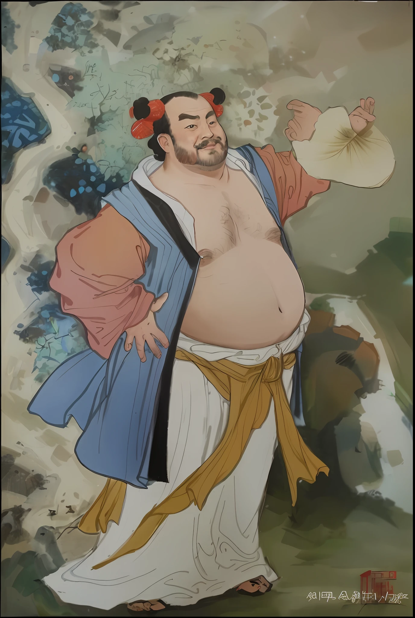 Draw a man with a big belly and a fan in a robe, burly build,Whiskers flutter,Wearing a green robe,Banana fan in hand。Inspired by Hu Zaobin, inspired by Yun-Fei Ji, inspired by Tawaraya Sōtatsu, author:Sheng Maoye, inspired by Wu Bin, Inspired by Seki Dosheng, inspired by Dong Yuan, qi sheng luo, pan ren wei, inspired by Park Hua