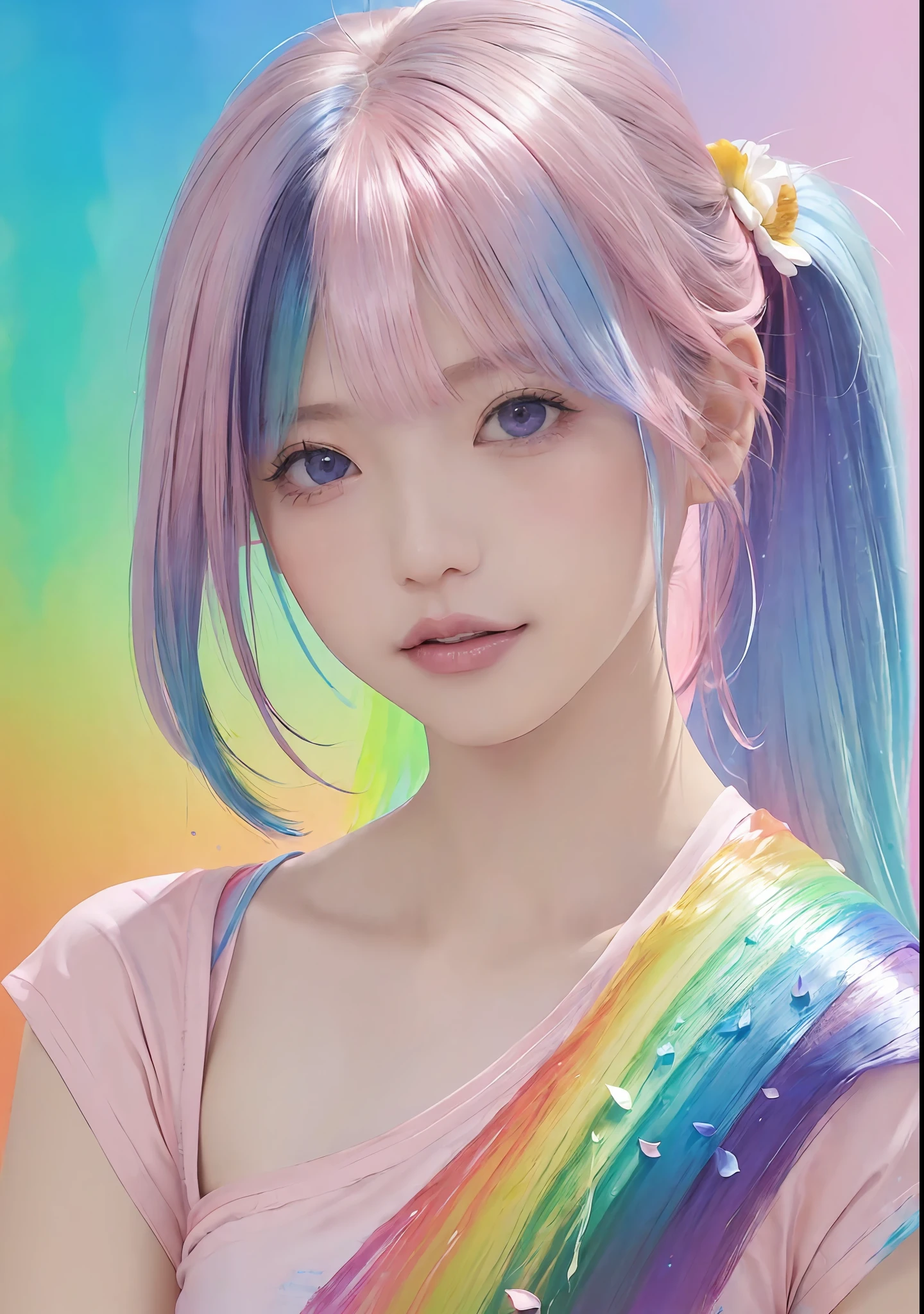 (Pink fashion T-shirt:1.9)、(colourful hair:1.8)、(all the colours of the rainbow:1.8)、((((Vertical Painting:1.6)))、(painterly:1.6)、frontage、comic strip、illustratio、painterly、big eye、Sheer eyes、(Iridescent gradient high ponytail:1.7)、Exquisite makeup、Mouth closed、(Small fresh:1.5)、(Wipe Chest:1.6)、long eyeslashes、White off-the-shoulder T-shirt、White shoulder shirt、looking at the spectator、large watery eyes、(rainbow-colored hair:1.6)、 color splashes, (独奏:1.8), color splashes, Color explosion, Thick paint style, Messy lines, ((SHINES)), (colourfull), (colourfull), colourfull, colourfull, Chic paint style, (Splash) (color splashes), Vertical Painting, The upper part of the body, paint splashes, Acrylic Pigment, gradients, paint, Top image quality, Top image quality, masterpiece, 独奏, depth of fields, facepaint, colourful clothes, (elegent: 1.2), Gorgeous,length hair, the wind, (elegent: 1.3), (flower petals:1.4)、(((masterpiece)))、(((top-quality)))、((ultra-detailliert))、(illustratio)、(dynamic ungle)、((Planktonic))、(paint)、((dishevled hair))、(独奏)、(1girl in)、((Detailed anima face)))、((beautifull detailed face))、collars、bare shoulders、white hair、((colourful hair))、(((striated hair))、beatiful detailed eyes、(Gradient color eyes)、(((Colorful eyes))))、(colorful backdrop))))、((((a high chroma))))、(((Surrounded by colorful splashes)))、 information