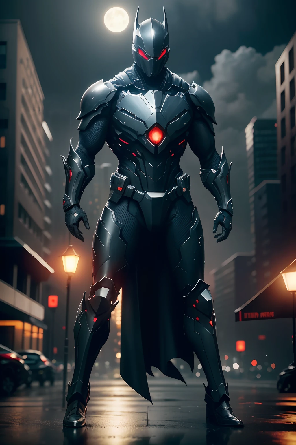 Dark Knight, WARFRAME, intricate pattern, heavy metal, energy lines, faceless, glowing eyes, elegant, intense, blood red and black uniform, solo, modern, city, streets, dark clouds, thunderstorm, heavy rain, dramatic lighting, (masterpiece:1.2), best quality, high resolution, beautiful detailed, extremely detailed, perfect lighting,(full body, (dynamic pose), action pose), (rim lighting, studio lighting, distant moon light, night, bloom), (cinematic, best quality, masterpiece, ultra HD textures, highly detailed, hyper realistic, intricate detail, 8k, photorealistic, concept art, matte painting, autodesk maya, vray render, ray tracing, hdr), (dslr, full frame, 16mm focal length, f/8 aperture, dynamic perspective, dynamic angle, golden ratio, wide photography, wide field of view, deep depth of field, zoom out) techwear, urbansamurai 3d, realistic cyborg in a cyberhelmet head