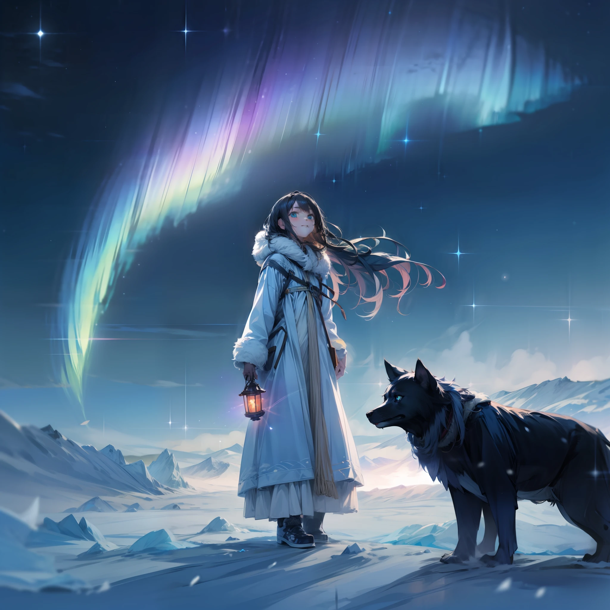 The subject is、Short-cut young woman with black hair represented in 8K resolution。She stands in the middle of the expansive earth of the polar night.、The figure is projected on the ice。Behind her、Countless stars in the night sky々with the、See colorful auroras soaring。This aurora borealis、Green or blue、Colors such as purple are mixed and fluttering in the sky.。
Her attire is、Thick white coat to protect against extreme cold。The hood of the coat is decorated with fur.、I'm warming her neck。In her hands、Holding an old-fashioned lantern、The light slightly illuminates the surroundings。The light of the lantern is、Creating shadows on the ice and at her feet。
At the foot、Snow and ice spread、Every time she walks on it、There is a light sound.。The starry sky behind her and the beauty of the Northern Lights、It makes her presence even more prominent.。
From afar、The sound of the wind or the creaking of ice、And a howling sound is heard。In this polar night、Her presence as a point of light、Its silence and beauty、And it gives off a mysterious atmosphere。
Her eyes were staring at the starry sky.、Expectations and hopes in those eyes、And the excitement of the unknown adventure is felt。In this polar night、It is as if she is eagerly awaiting the beginning of new discoveries and adventures。