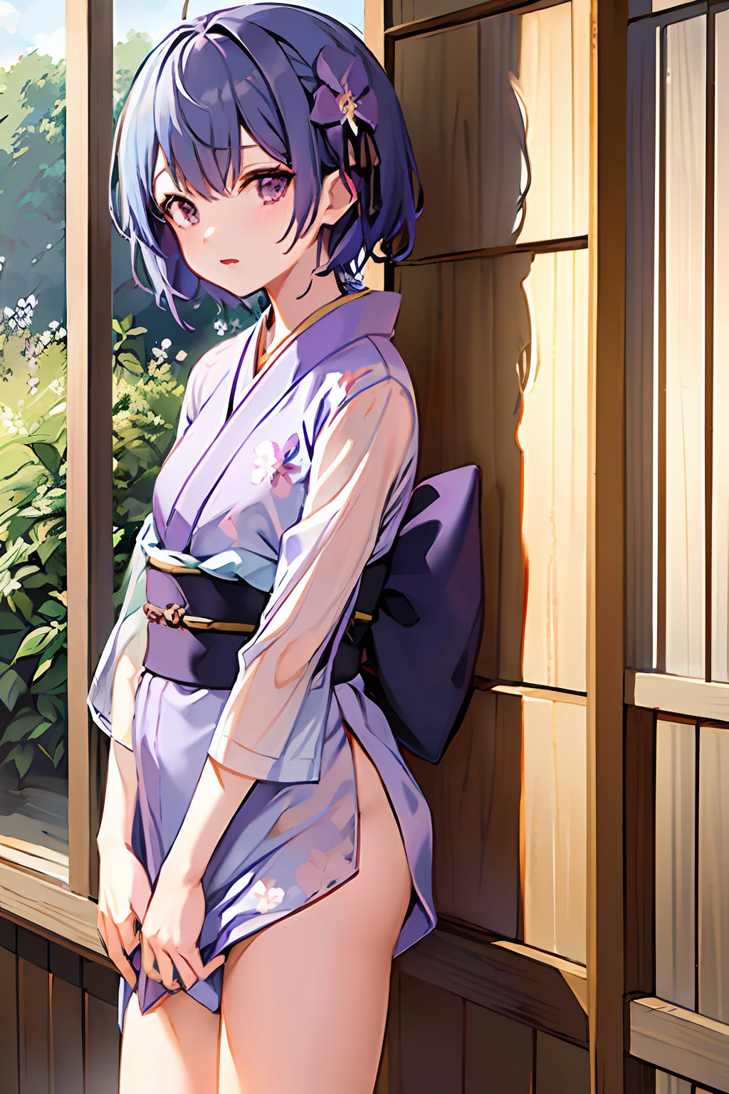 masutepiece,1girl in ,Solo,hugging own legs,hair(Blue ,Short,intake),((Kimono:1.1(purple-color,Transparent:1.2,Floral))),Cute Pose,Slim body,Asham,Hide the chest,Lower body naked,at onsen,Leaning against the wall