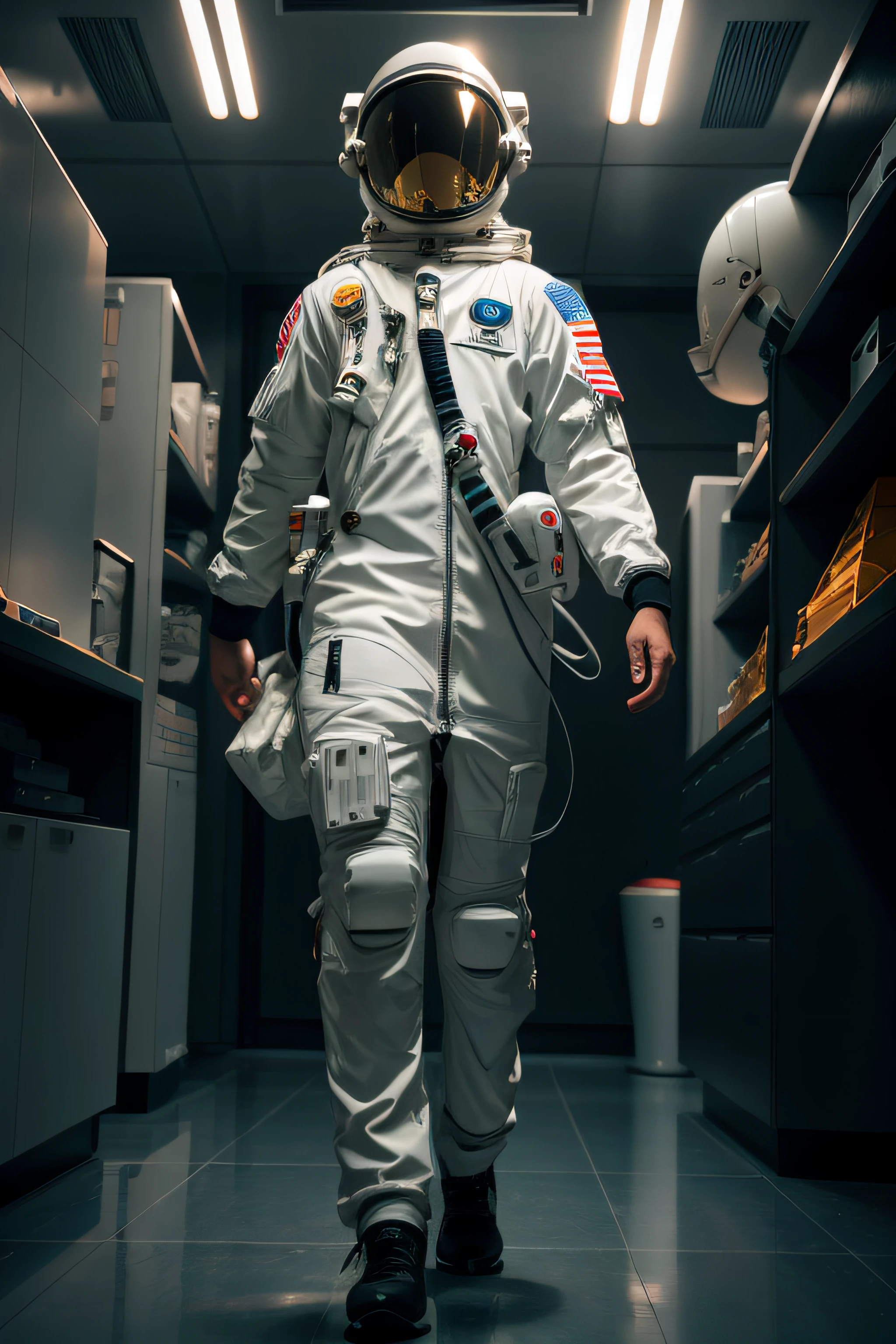 Alafard astronaut walking in a spacesuit walking in a room, astronaut walking, wearing a spacesuit and helmet, wearing astronaut outfit, astronaut standing looking, wearing spacesuit, astronaut lost in liminal space, interstellar space suit, Spacesuit, modern spacesuit, movie still 8 k, wearing spacesuit, space suit, wear spacesuits