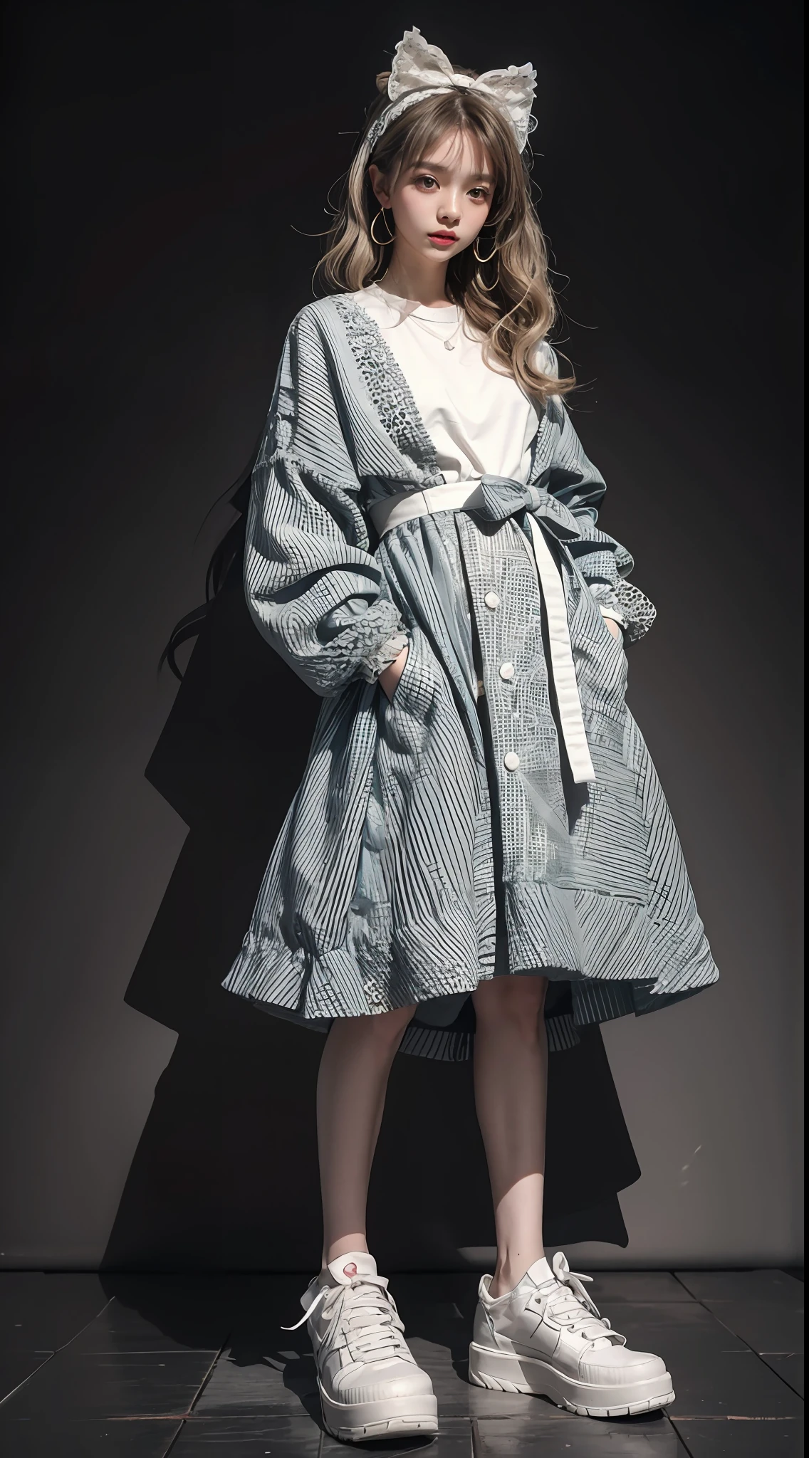 A girl in a ta puffy dress,Artistic photo style,Color contrast is outstanding,background detail,Full body photo,Third Person View,Trendy clothing,fashion illustration,Lace headband,Kawaii costume , Clothing details,Light and shadow in detail,tmasterpiece,best qualtiy,super detailing,Works of masters