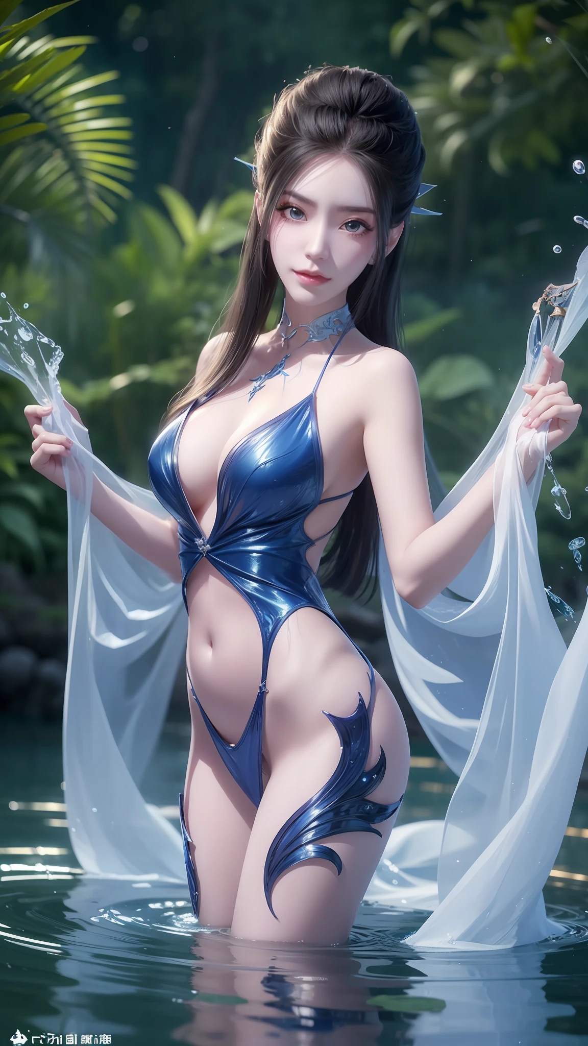 Arapei in a blue and white dress stood in the water, Anime girl walking on water, closeup fantasy with water magic, azur lane style, trending on cgstation, Anime girl cosplay, seraphine ahri kda, Splash art anime Loli, trending at cgstation, realistic water, water fairy, WLOP and Sakimichan