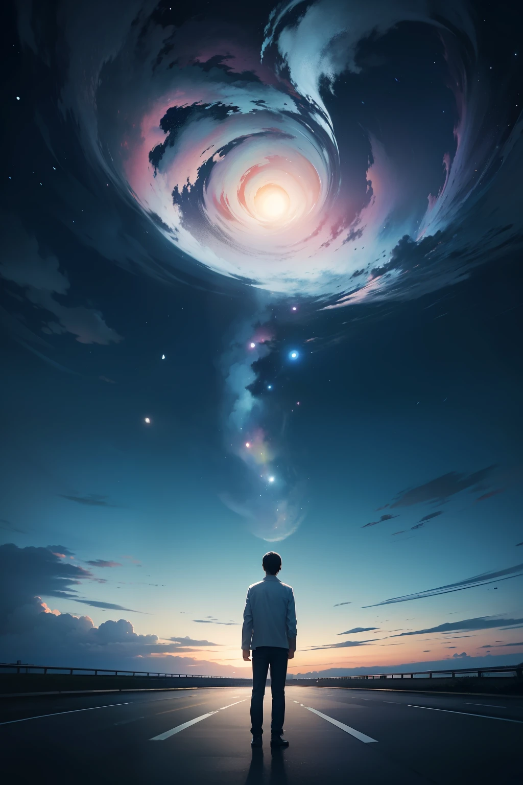 early evening,Sky after rain,A man stood in the middle of the road looking at the sky,A huge one appeared in the sky、Deep and empty swirling clouds,Inside the vortex, you can see the dark deep space of the universe。Faraway view。