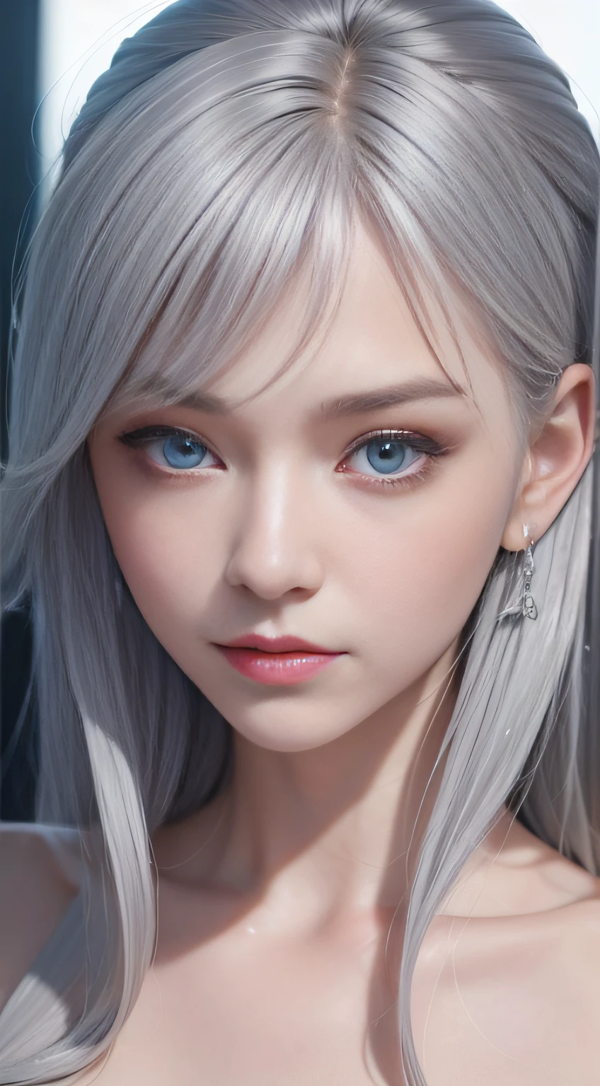 19 year old girl, Short silver-gray hair, extremely higly detailed, bshoulders, 鎖骨, coll, Local close-up, Gray-blue deep eyes, an extremely delicate, Impeccable, tall nose bridge，dimple，Sexy lips，The details were perfect，Sideslit, film effect, warm colored light