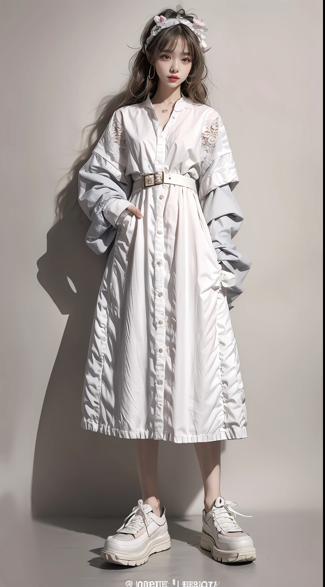 A girl in a Lolita puffy dress，Artistic photo style，Color contrast is outstanding，background detail，Full body photo，Third Person View，Trendy clothing，fashion illustration，Lace headband，Kawaii costume ， Clothing details，Light and shadow in detail，tmasterpiece，best qualtiy，super detailing，Works of masters