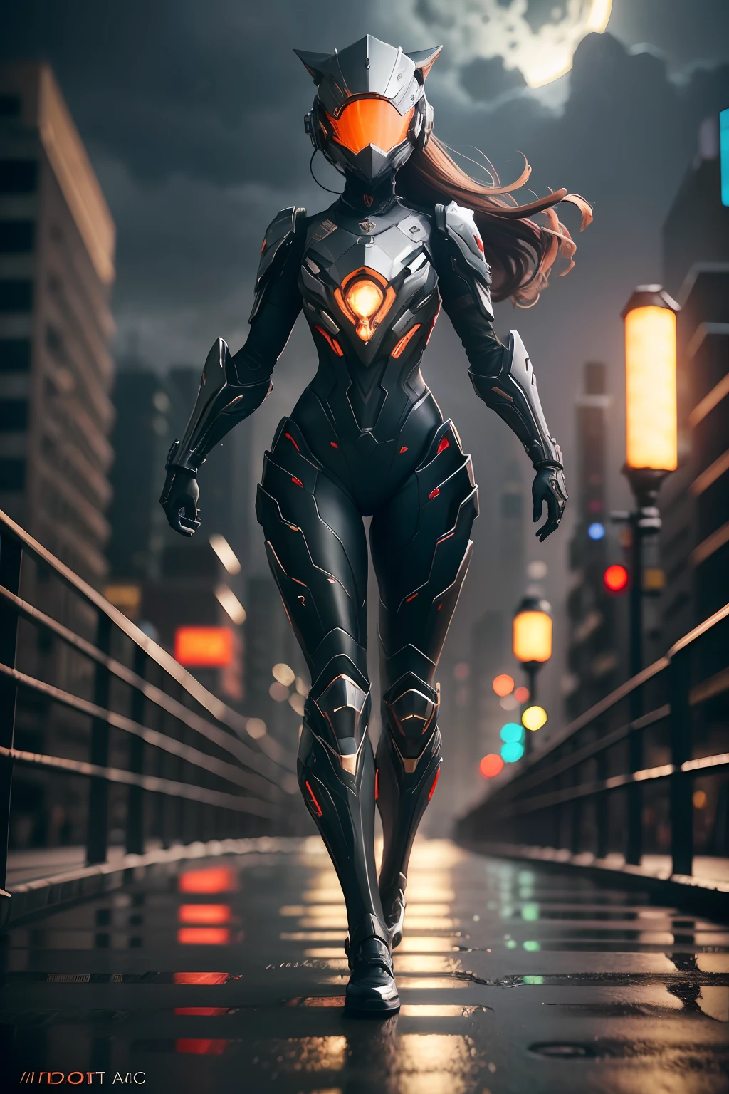 girl holding a kitty, WARFRAME, intricate pattern, heavy metal, energy lines, faceless, glowing eyes, elegant, intense, blood red and black uniform, solo, modern, city, streets, dark clouds, thunderstorm, heavy rain, dramatic lighting, (masterpiece:1.2), best quality, high resolution, beautiful detailed, extremely detailed, perfect lighting,(full body, (dynamic pose), action pose), (rim lighting, studio lighting, distant moon light, night, bloom), (cinematic, best quality, masterpiece, ultra HD textures, highly detailed, hyper realistic, intricate detail, 8k, photorealistic, concept art, matte painting, autodesk maya, vray render, ray tracing, hdr), (dslr, full frame, 16mm focal length, f/8 aperture, dynamic perspective, dynamic angle, golden ratio, wide photography, wide field of view, deep depth of field, zoom out) techwear, urbansamurai 3d, realistic cyborg in a cyberhelmet head