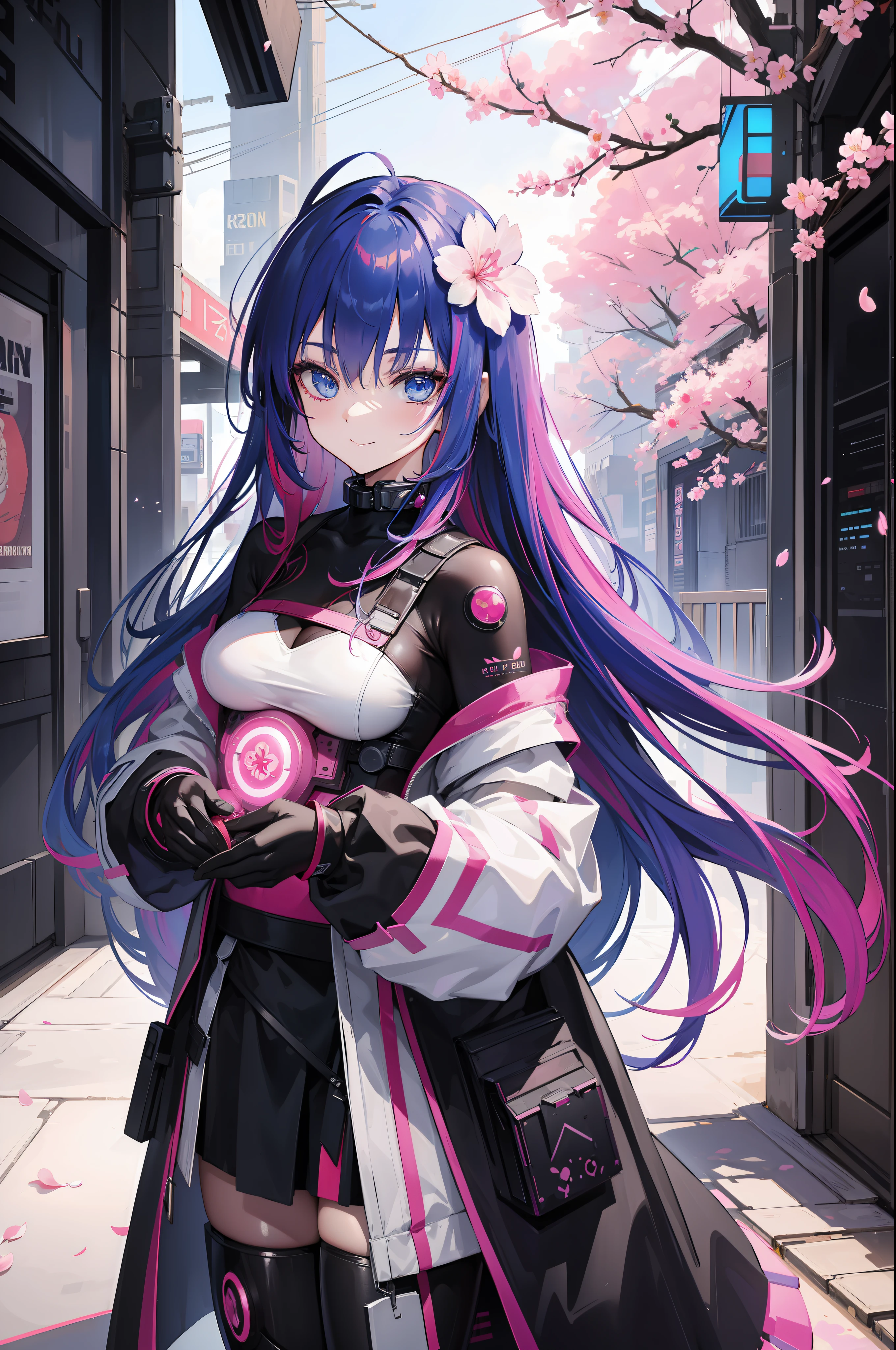((Cyberpunk beautiful female action)), ((Costume with cherry blossom petal motif)), ((Highly revealing costume)), ((Colorful long hair)), ((Background is another world)) , blue eyes, smile, glitter, artistic, nffsw, retina, masterpiece, accurate, super detailed, high detail, high quality, award winning, highest quality, high definition, 1080p, hard disk, 4K, 8K, 16K