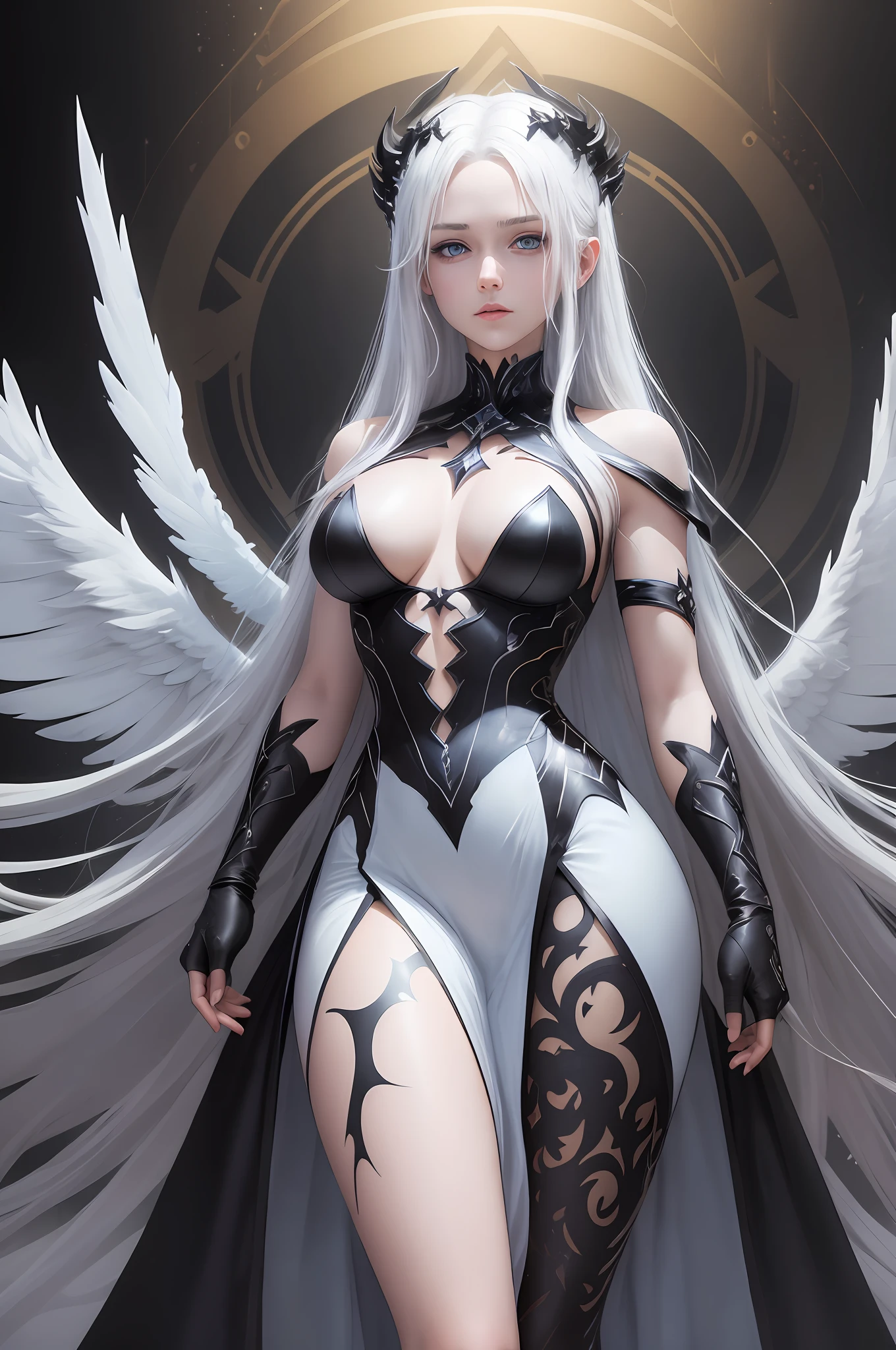 masterpiece, best quality, 1girl, fallen angel, light blue eyes, detailed eyes, glowing eyes, white skin, white hair with golden highlights, medium hair, long black dress, black wings, burning doomsday, body fire, black gloves, large chest, cinematic effect --auto