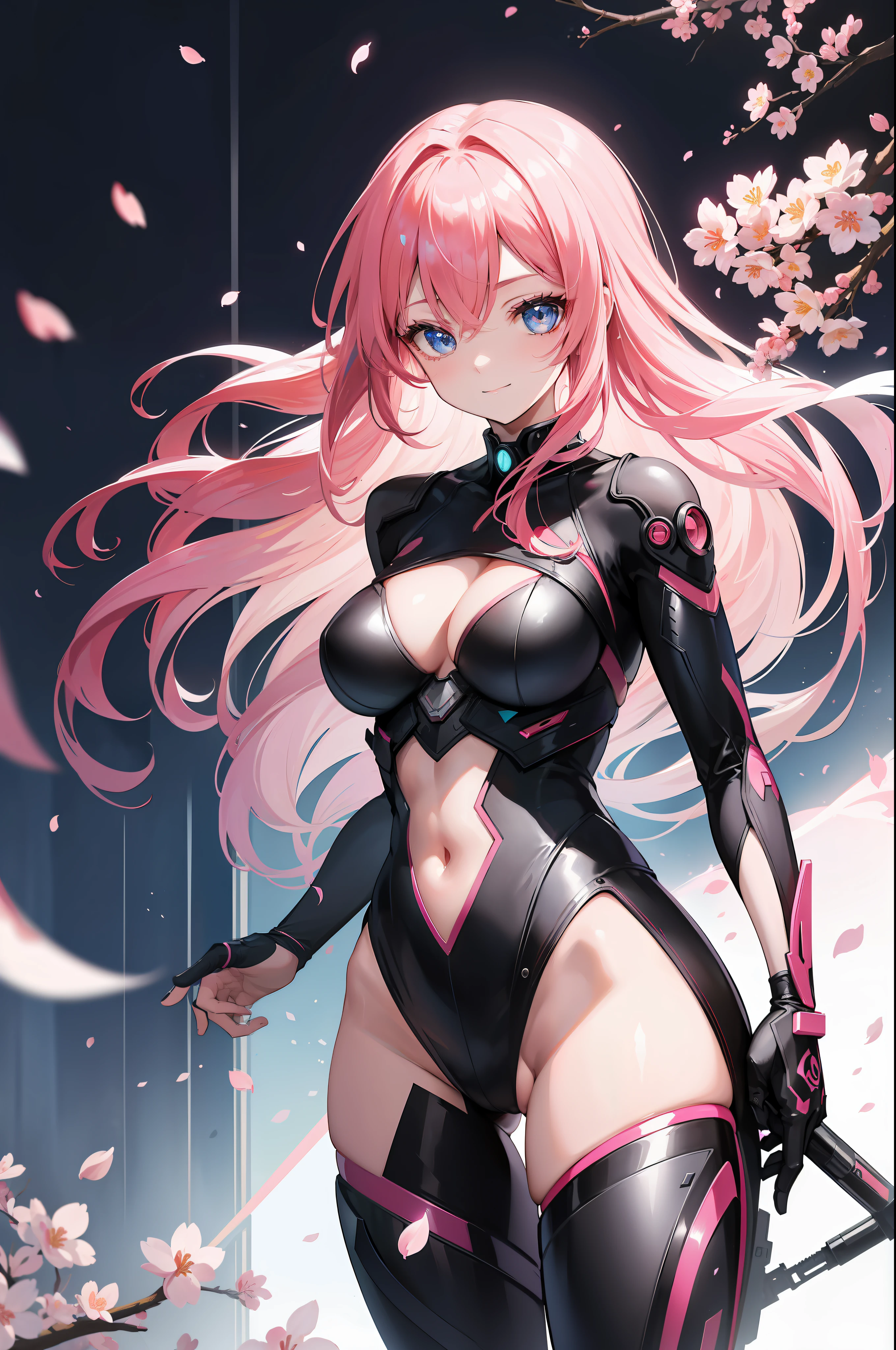 ((Cyberpunk beautiful female action)), ((Costume with cherry blossom petal motif)), ((Highly revealing costume)), ((Colorful long hair)), ((Background is another world)) , blue eyes, smile, glitter, artistic, nffsw, retina, masterpiece, accurate, super detailed, high detail, high quality, award winning, highest quality, high definition, 1080p, hard disk, 4K, 8K, 16K