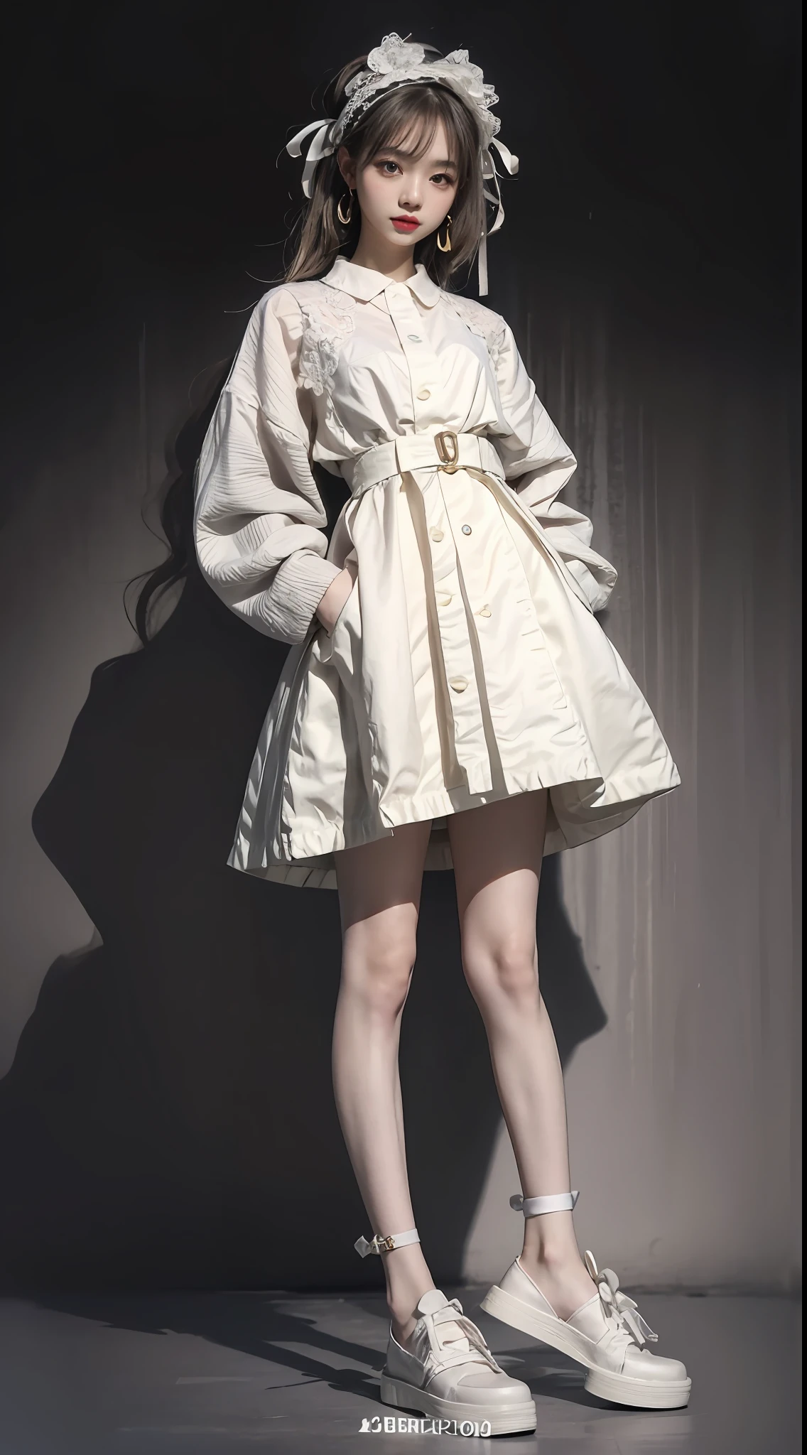 A girl in a Lolita puffy dress，Artistic photo style，Color contrast is outstanding，background detail，Full body photo，Third Person View，Trendy clothing，fashion illustration，Lace headband，Kawaii costume ， Clothing details，Light and shadow in detail，tmasterpiece，best qualtiy，super detailing，Works of masters