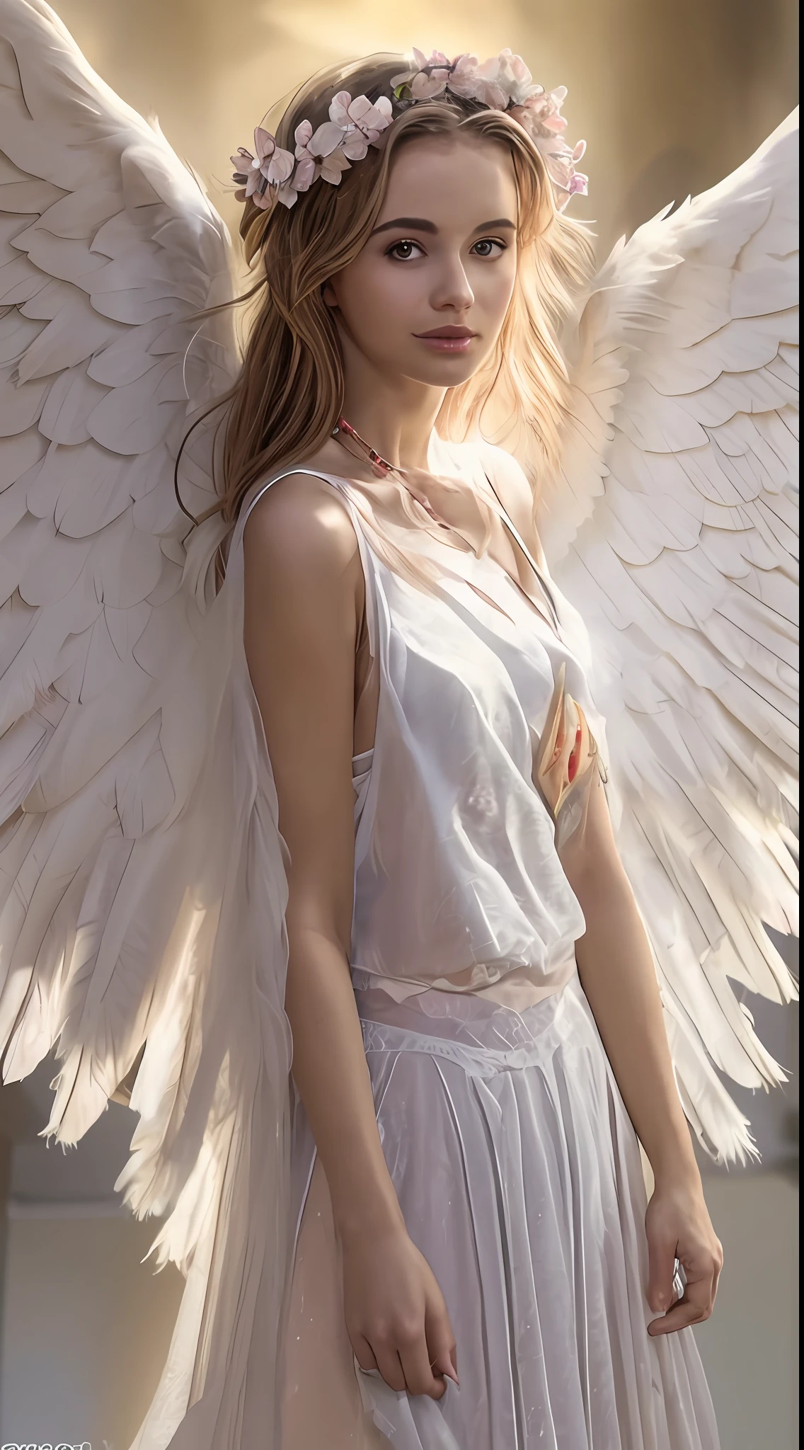 There is a woman with a white dress and angel wings, com asas de anjo, Retrato de um anjo bonito, de uma meninabonita, com belas asas, Tiro na Canon EOS R 5, Tiro na Canon EOS R5, angelic face, Retrato Sophie Mudd, com asas reais, com asas, 3 / 4 vista da mulher com asas, anjo feminino bonito