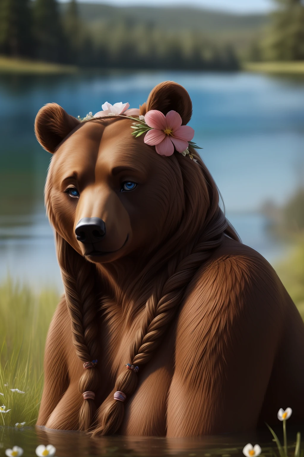 (Highest Quality, 4k, masterpiece, Amazing Details:1.1), laying near a lake, medium breast, deep blue eyes, E671, lens 50mm f/2.0, (( anthro brown bear female)), braided long hair with flower hair ornament, (realistic brown fur, detailed fur texture:1.2), ((photorealistic) (RAW Photo))