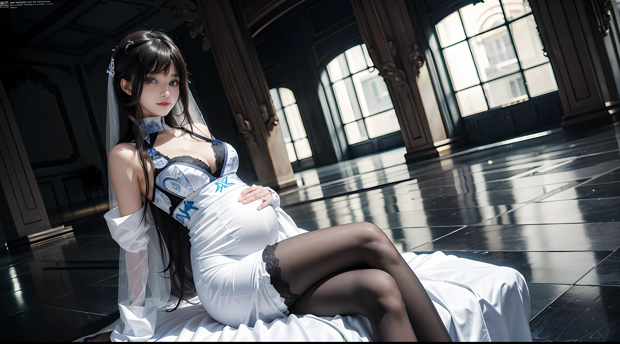 tmasterpiece, 1 beutiful girl, Detailed eyes, Swollen eyes, Best quality at best, 超A high resolution, (Realistis: 1.4), RAW photogr, cinmatic lighting, ssmile, jpn, a asian beauty, Korea, Ren, Super beautiful, Small young face, Beautiful skins, busty figure, cyber punk perssonage(hyper realisitc), (illustratio), (A high resolution), (8K), (The is very detailed), (Most Best Illustration), (ultra-detailliert), (the wallpaper), (详细的脸), audience looking, finely detailled, deep shading, low tune, pureerosfaceace_V1,happy grin, long whitr hair, 46-point diagonal bangs,(Pregnant abdomen:0.95),Pantyhose,full body shot shot,Wedding dress,Black long-sleeved gloves,