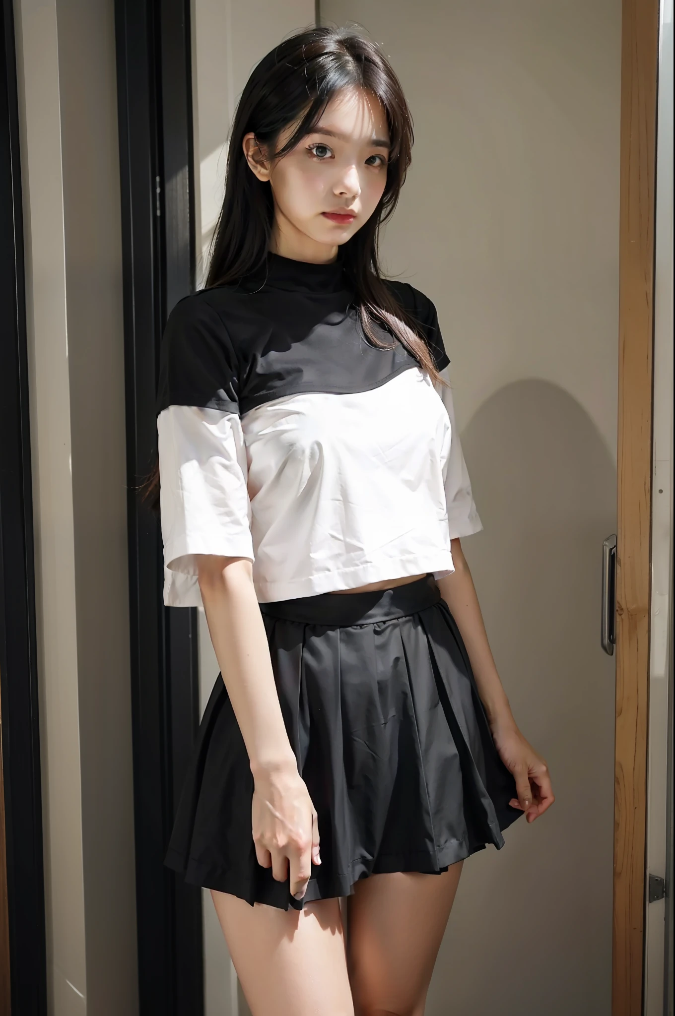 A woman who is,black skirt,Light-colored top