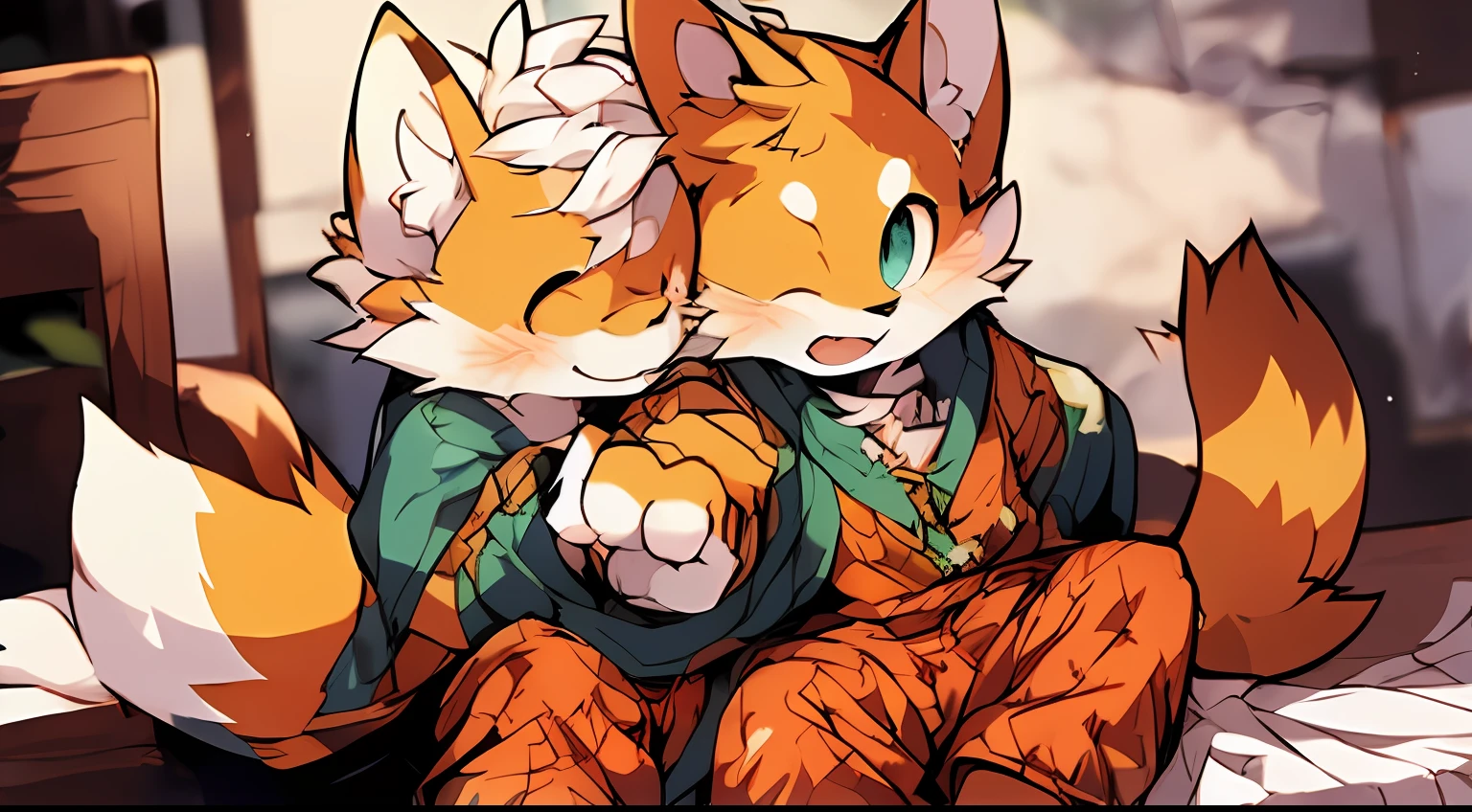 Style picture of a squirrel in pajamas lying on bed with its limbs open, Shota，large tail，Shota，Drooling in the mouth，Wet hands，commission on furaffinity, very very beautiful furry art, furaffinity commission, squirrels, jazza and rossdraws, Furry art!!!, zerochan art, Colorful squirrel city, Detailed fanart, fursona art, wearing fancy clothes, Furry tail,