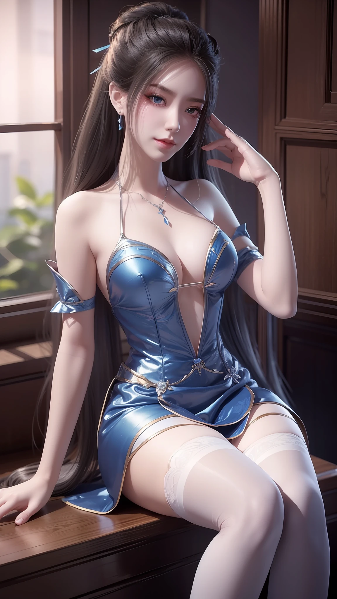 Arad woman in blue dress sitting on windowsill, cute anime waifu in a nice dress, trending on cgstation, 8K high quality detailed art, anime barbie in white stockings, highly detailed exquisite fanart, Extremely detailed Artgerm, the anime girl is crouching, flowing magical robe, beautiful and seductive anime woman, WLOP and Sakimichan
