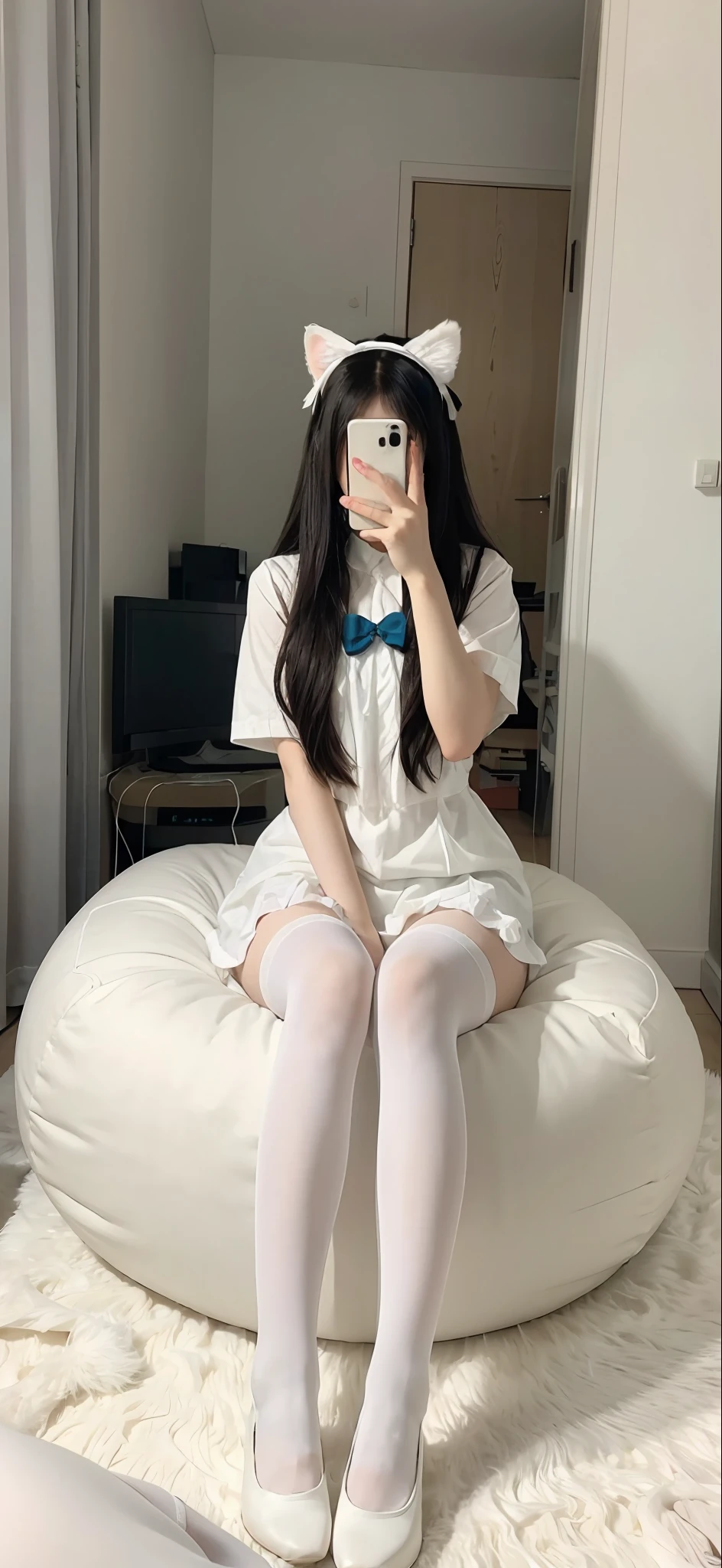 There was a woman, Arakfi, sitting on a bean bag，，Take a selfie with your phone in the mirror，Holding a teddy bear in his hand, anime barbie in white stockings, White Cat Girl, Full length and white stockings, Anime girl in real life, very beautiful cute catgirl, kerli koiv as anime girl, Anime girl cosplay, Wearing white tights, sitting in her room, sitting on her bed, White tights, White stockings