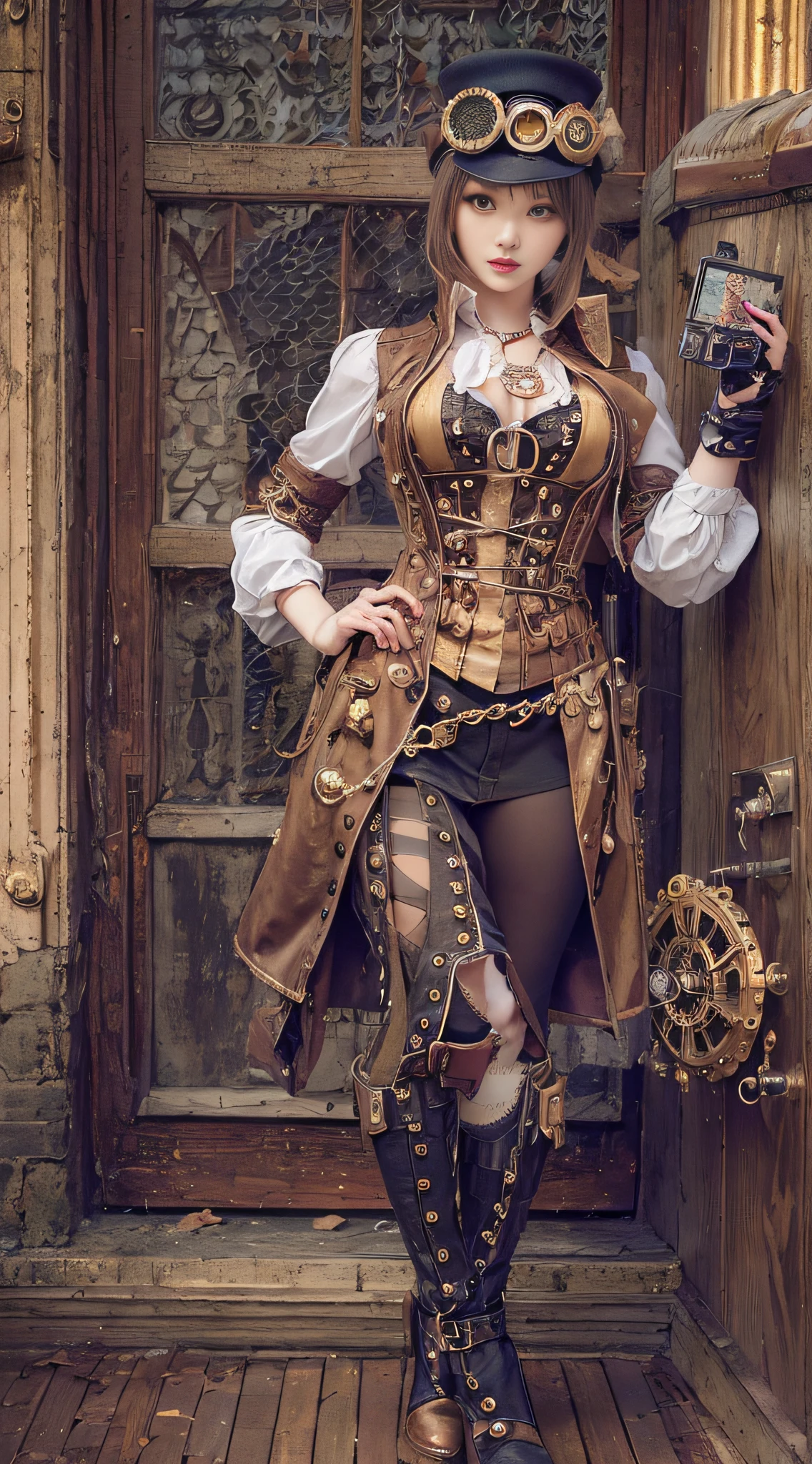 A woman in a steampunk costume is taking a picture, wearing steampunk attire, steampunk fantasy style, (Steampunk), ( Steampunk ), a steampunk beautiful goddess, steampunk beautiful anime woman, Steampunk Girl, Steampunk style, steampunk fantasy, Steampunk, steampunk inventor girl, golden steampunk, steampunc, steampunc, Set in a steampunk world, Vivid steampunk concept