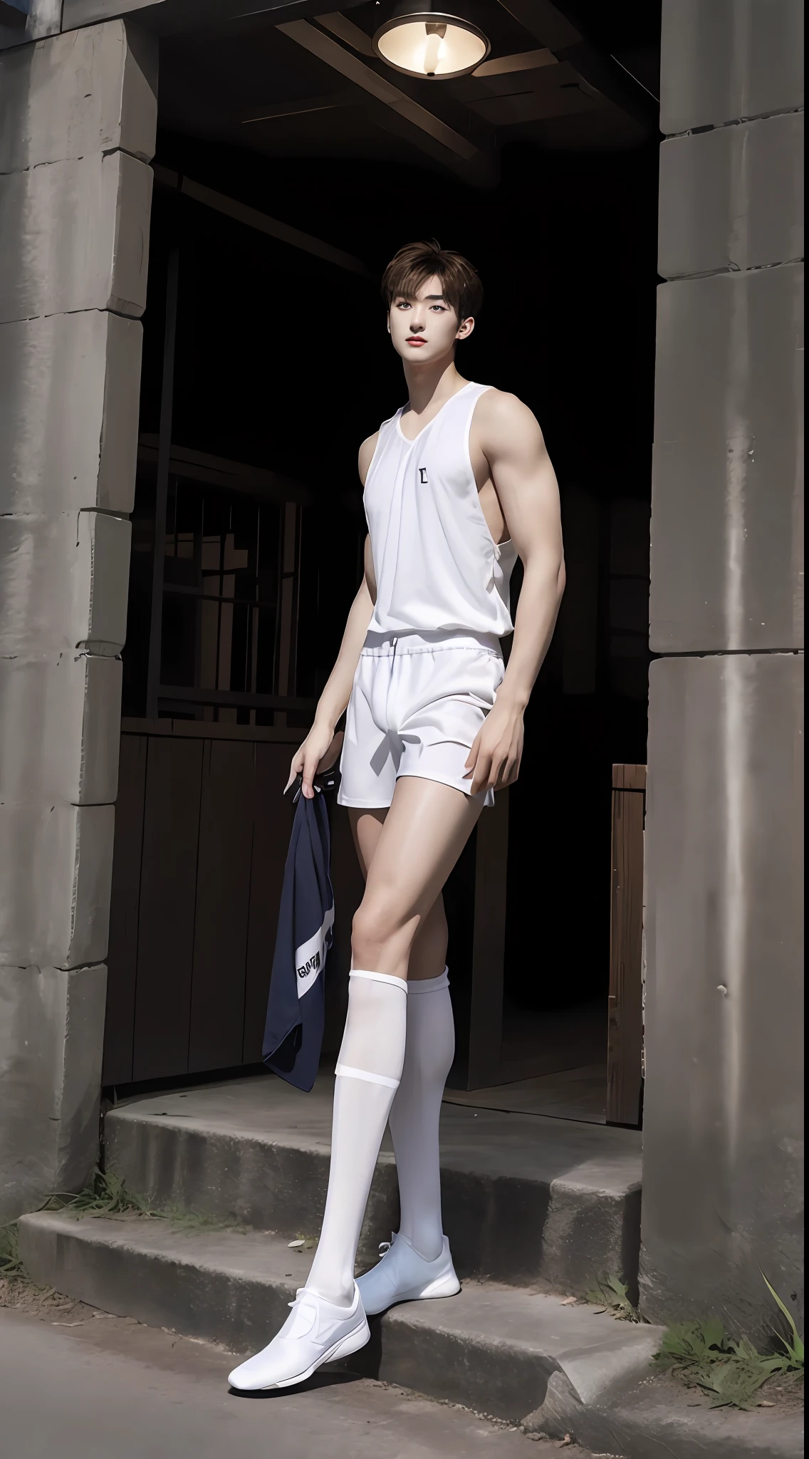 (A lovely Shota:2),(Colored screen:1.2),solo person,(full bodyesbian:3),(Stay away from the lens:3),Expose your legs,(revealing the whole body:2),(Frontal heads-up view:1.2),malefocus,(looking at viewert),16 yaers old,(Tall:3),(Tall guy:2),Super tall,(Height 300 cm:2),Excellent body proportions,(1.The shoulders are 5 times wider:1.2),(Slender straight legs:2.5),Slender feet,small heads,musculous,(Lovely and pretty:2),(The face of an anime man),(Very detailed beautiful face and eyes:2),(Big bright eyes:1.2),Sharp eyeliner,Clear and beautiful face,,exhilarated,(Happy smile:2),short detailed hair,(Correct facial features),(tilts your head:1.5),(Men's white baseball uniform:2),Short boxer panties,(Muscle firming:2),Strong,(Wide shoulders and narrow waist:2.2),Sports men's socks,Detailed muscle texture,Highlights muscle structure,By the creek,(kneels on the ground:4),(full length shoot),ultra-realistic realism, (Photorealistic detail), Incredible accuracy, lifelike textures, masterful technique, Jaw-dropping precision, artistic dedication,(anatomy correct),Good lighting,exquisite detailing,Best quality,stunning masterpiece,CG