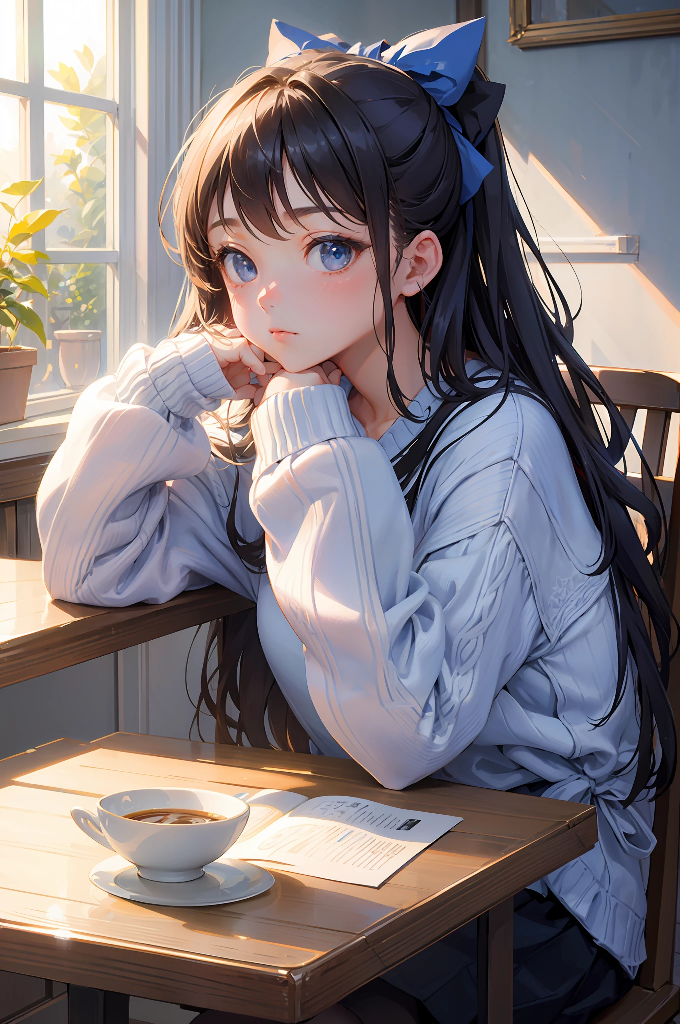 masterpiece, best quality,Reina, 1girl, solo, long hair, window, sitting, indoors, table, sleeves past wrists, cafe, hair bow, head rest, closed mouth, blue sweater, upper body