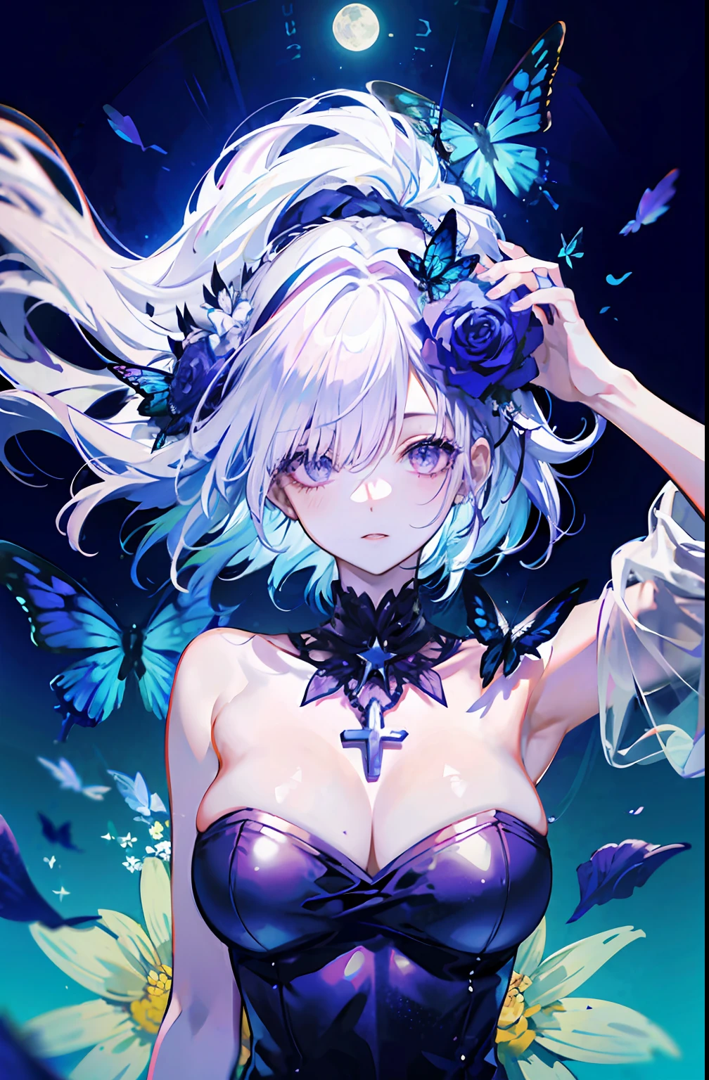 silber hair，butterflys，long whitr hair，8k wallpaper，detailedbackground，Highest high resolution，deep v big breasts，Hair covers one eye，Bandeau，Church background，Purple roses，tight-fitting，themoon，