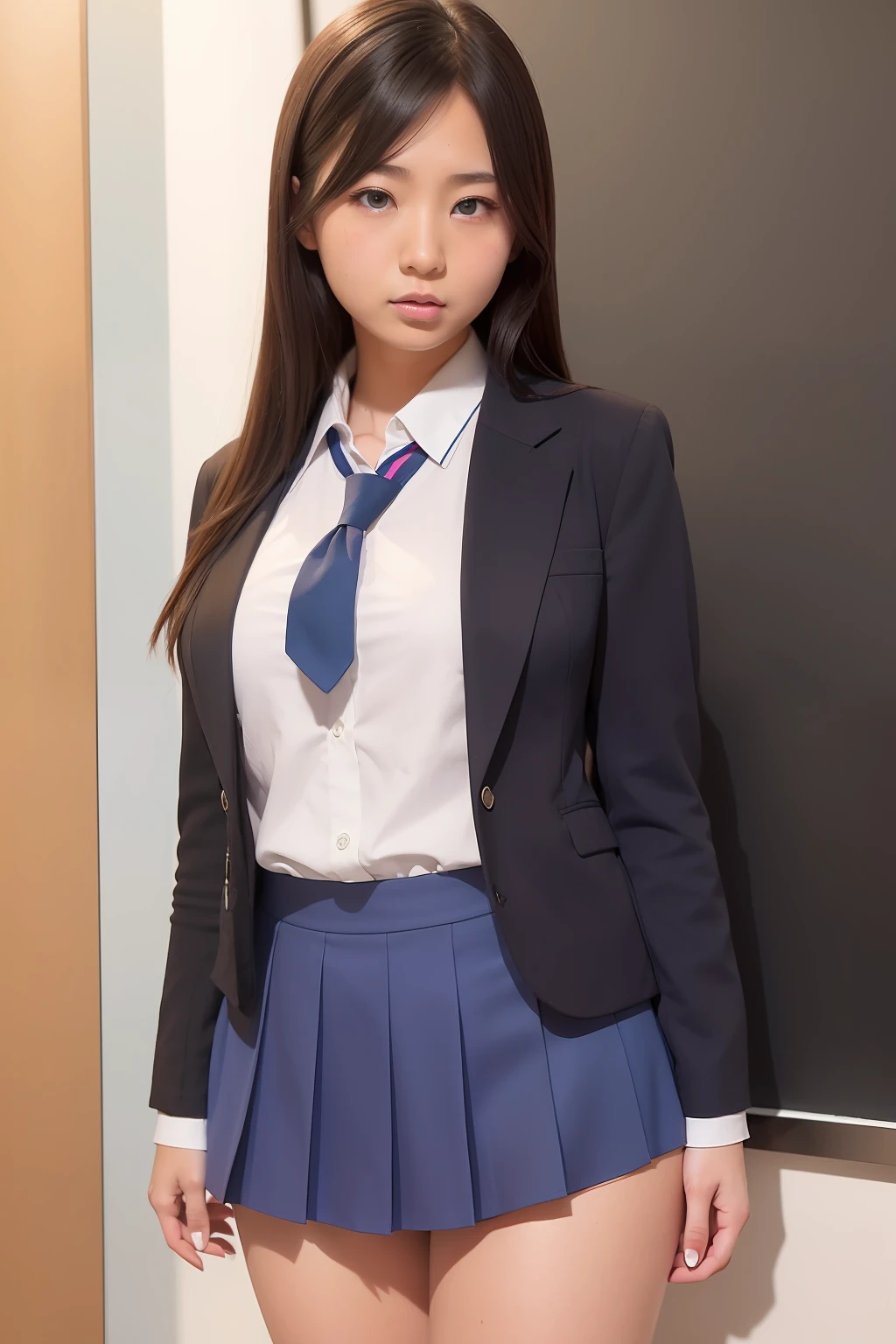 arafed asian woman in a school uniform posing in front of a blackboard, a hyperrealistic schoolgirl, wearing japanese school uniform, hyperrealistic schoolgirl, japanese girl school uniform, wearing school uniform, japanese school uniform, realistic schoolgirl, girl wearing uniform, cute schoolgirl, wearing a school uniform, jk uniform, school girl, korean girl, (1girl blue eyes rainbow hair), big ass full breasts until waiting wearing, (mini sexy swinging skirt round: 1.3), varied poses.