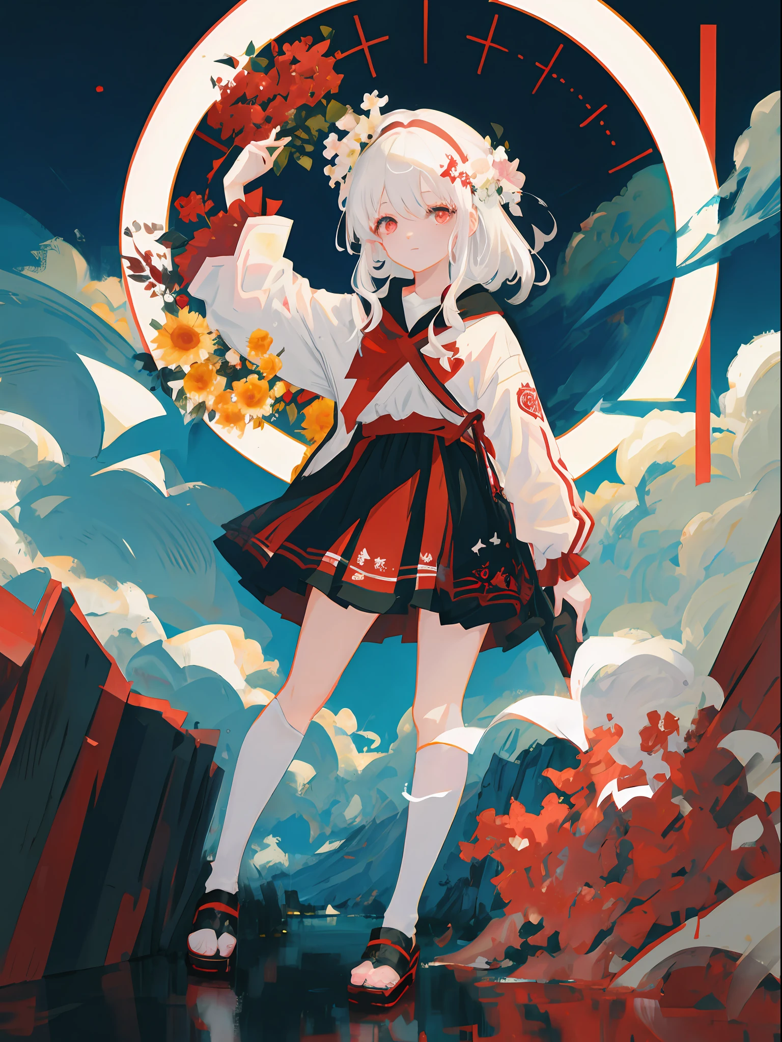 Anime - a painting in the style of a woman with white hair and flowers, Guviz, Guweiz in Pixiv ArtStation, Guviz-style artwork, guweiz masterpiece, Guweiz on ArtStation Pixiv, Detailed digital anime art, Digital art on Pixiv, trending on artstation pixiv, White-haired god，with short white hair，red color eyes