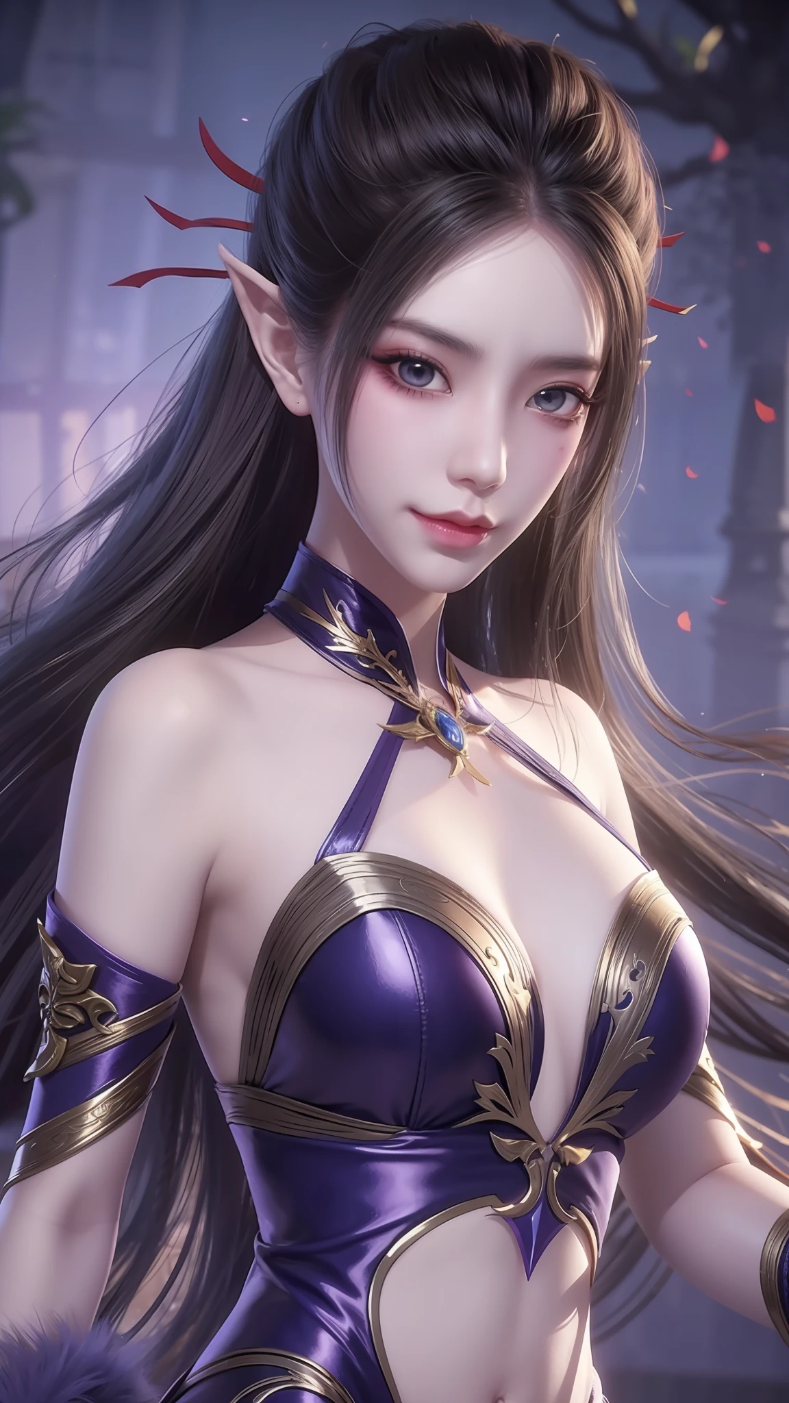 Arad woman dressed in purple poses in the water, Keqing from Genshin Impact, lunar themed attire, zhongli from genshin impact, astral witch clothes, alluring elf princess knight, Portrait Chevaliers du Zodiaque Fille, fantasyoutfit, gorgeous female paladin, astri lohne, full-body xianxia, ayaka game genshin impact