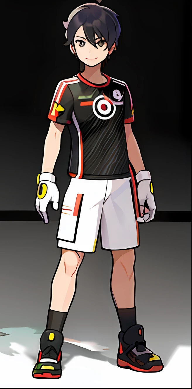 sugimori ken \(Style\), Libido boy, Dark eyes, Black hair, White shorts, Athletic suits, Creatures \(co\), The band Dana Max, game freak, Gloria (Pokemon), mitts, A high resolution, Legs, view the viewer, Nintendo, offcial art, Pokemon, Pokemon \(gaming console\), Pokemon SWSH, Light smile, sugimori ken, tart \(Illustrator\), Thighs, Stand next to Pokemon \(organism\)