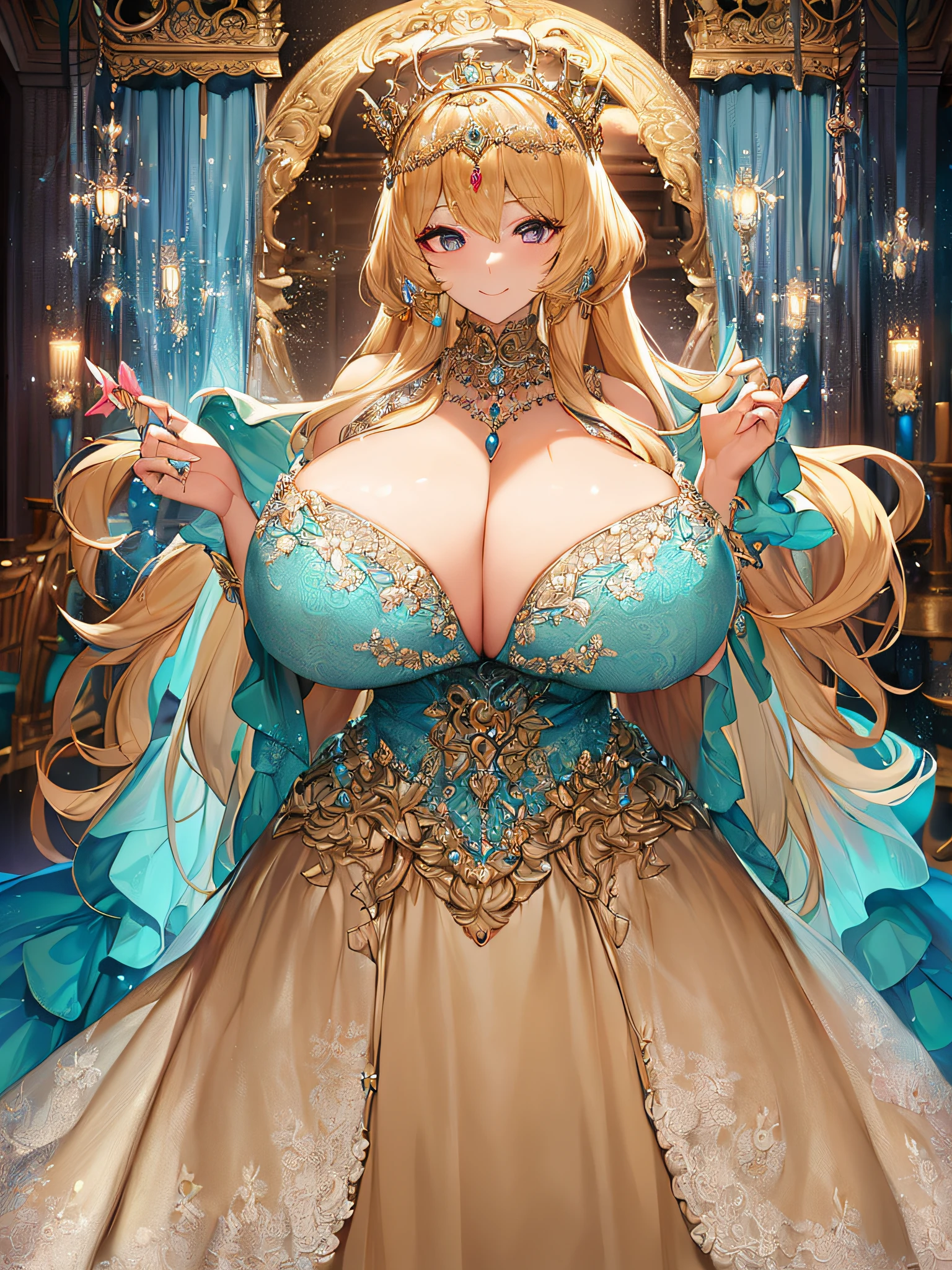 ((anime artstyle)),(Masterpiece),(Best Quality), (Super Detail),((Very Delicate and Beautiful)),((Solo)),((full body)),(((1 bling-bling princess in beautiful embroidery and jeweled extremely gorgeous rococo ball gown dress with voluminous skirt))),(((bling-bling))),Long train,(bling-bling gorgeous gemstone jewelry),detailed face and eyes,jewel-like eyes,(seductive smile),((extremely voluminous Very Long Hair,Straight Hair)),((gigantic tits,Long tits,cleavage)),curvy,skindentation,(gorgeousfull embroidery and lace),gorgeous corsage,See-through,extremely gorgeousfull hair ornament,bling-bling extremely gorgeousfull jeweled tiara,ornate ruffles,((full body)),((hoop skirt,crinoline)),Dynamic Angle,Looking at viewer,((beautiful embroidery and jeweled extremely gorgeous rococo ball gown dress with voluminous skirt)),full body