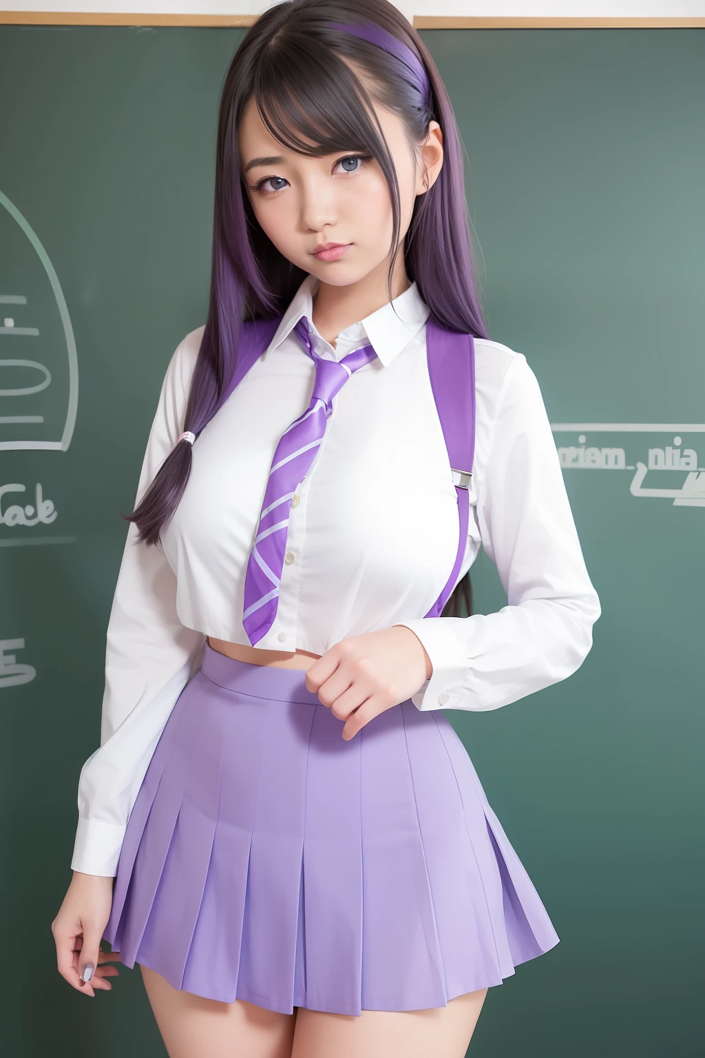 arafed asian woman in a school uniform posing in front of a blackboard, a hyperrealistic schoolgirl, wearing japanese school uniform, hyperrealistic schoolgirl, japanese girl school uniform, wearing school uniform, japanese school uniform, realistic schoolgirl, girl wearing uniform, cute schoolgirl, wearing a school uniform, jk uniform, school girl, korean girl, (1girl blue eyes light purple hair), big ass full breasts until waiting wearing, (mini sexy swinging skirt round: 1.3), varied poses.