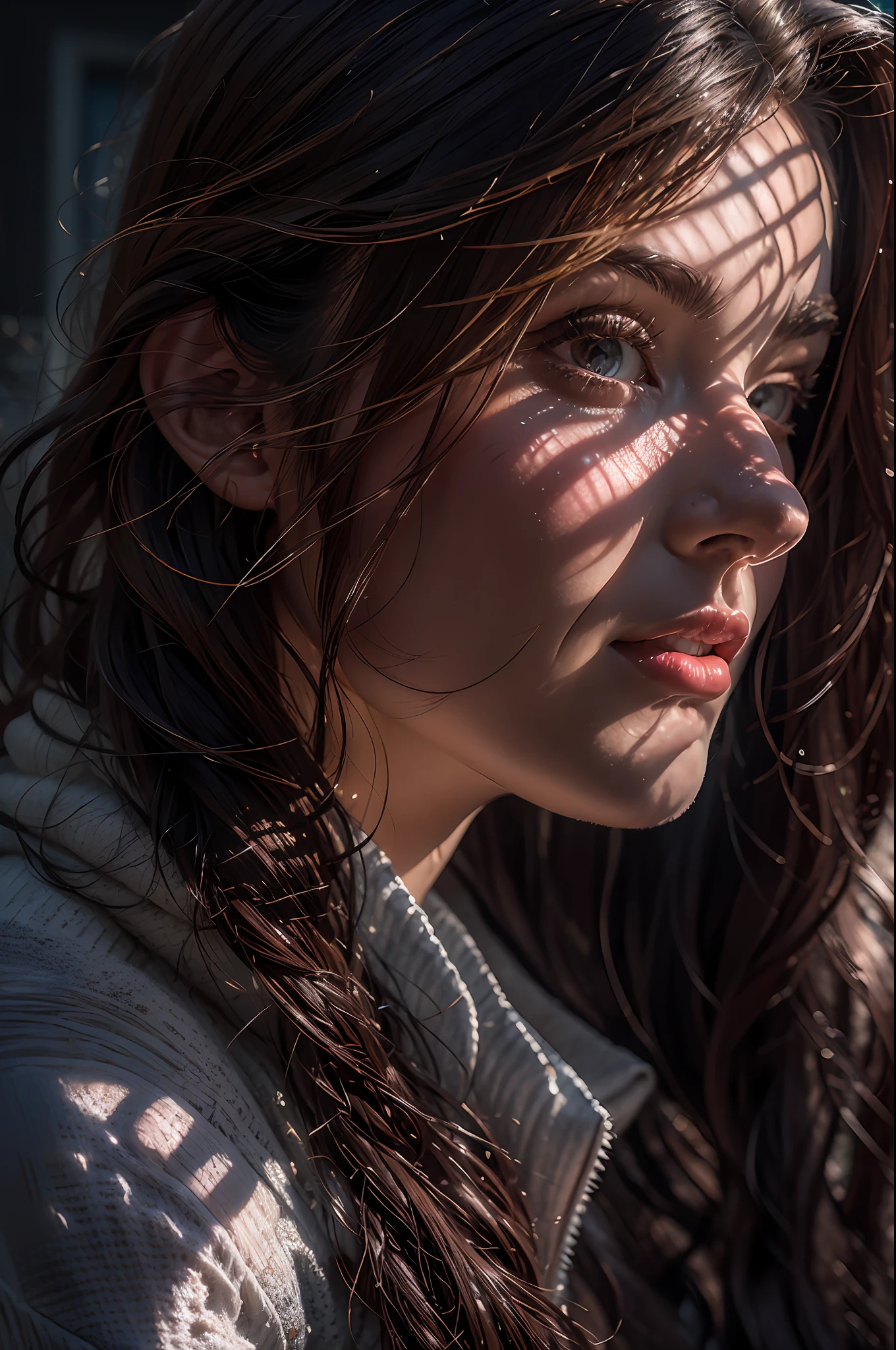 (front focus), (in the dark:1.6), Hyperrealist portrait of female by david hockney and alphonse mucha, fantasy art, photo realistic, dynamic lighting, artstation, poster, dynamic natural lighting, very detailed faces, 4 k, award winning, 1girl, in the light, deep shadow and crisp highlights, low key, cowboy shot, (official clothing:1.4), long hair, white hair