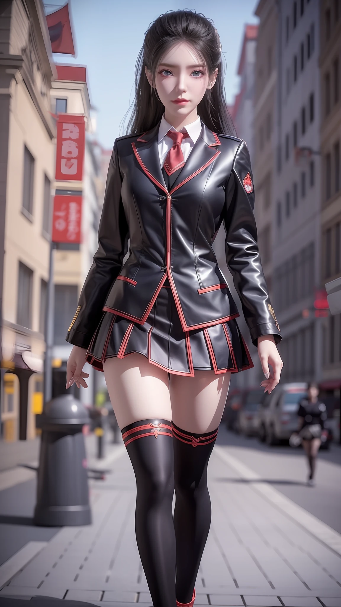 There is a woman in a short skirt and jacket posing for a photo, Surrealism female students, Surrealism female students, Realistic schoolgirl, photorealistic anime girl rendering, small curvaceous loli, thighhighs and skirt, 3 d anime realistic, highly detailed giantess shot, Photorealistic anime, photorealistic full body, [ 4 K photorealism ]!!