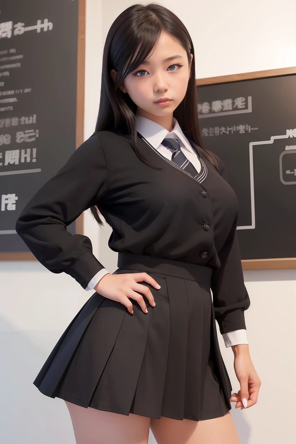 arafed asian woman in a school uniform posing in front of a blackboard, a hyperrealistic schoolgirl, wearing japanese school uniform, hyperrealistic schoolgirl, japanese girl school uniform, wearing school uniform, japanese school uniform, realistic schoolgirl, girl wearing uniform, cute schoolgirl, wearing a school uniform, jk uniform, school girl, korean girl, (1girl blue eyes light black hair), big ass full breasts until waiting wearing, (mini sexy swinging skirt round: 1.3), varied poses.