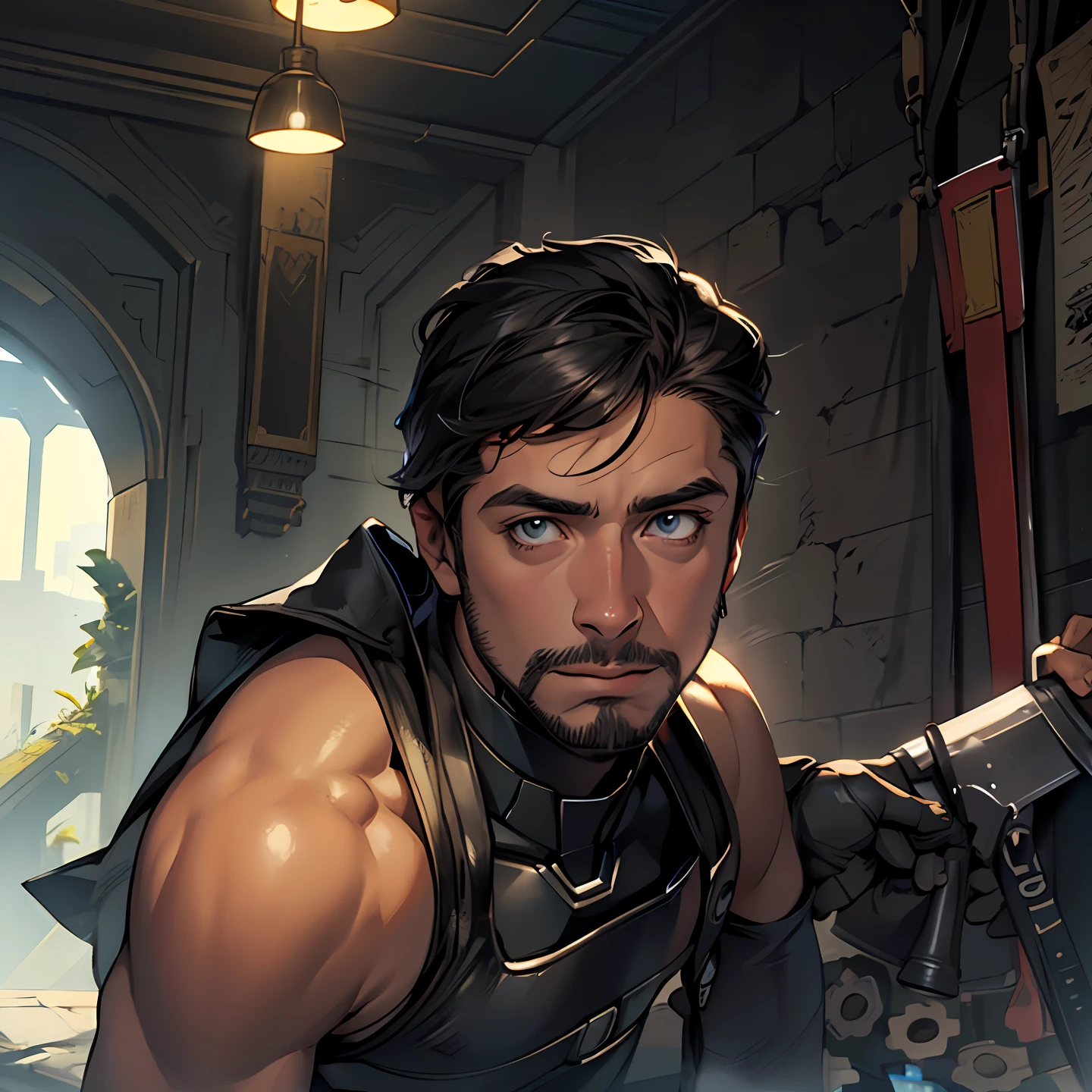 A closeup of a twenty-one-year-old in a black wetsuit with a sword, Cyborg Male, Paul Atreides, Kenshiro, Android male, Jacen Solo, profile picture, Android James, male cyborg, sharp and elegant black armor, my original face as Iron Man, Gantz, no text, concept art by my original face