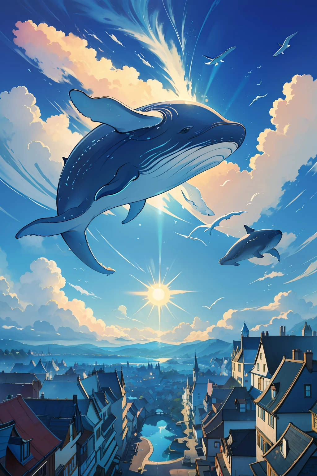 masterpiece, Surrealist painting style,Cinematic lighting,delicate and realistic,Digital painting,concept design,A huge whale flies gracefully in the blue sky and white clouds,On your back sits a beautiful fairytale town,The town houses are colorful and cute,The streets are winding,It's fun。The townspeople come and go on the back of the whale,Live and have fun。The whale's expression is gentle and amiable,The town seems to grow on it, and it is as natural and harmonious as it grows。The sun shines on the whales and the town,The view is dreamy,8K Ultra HD resolution。