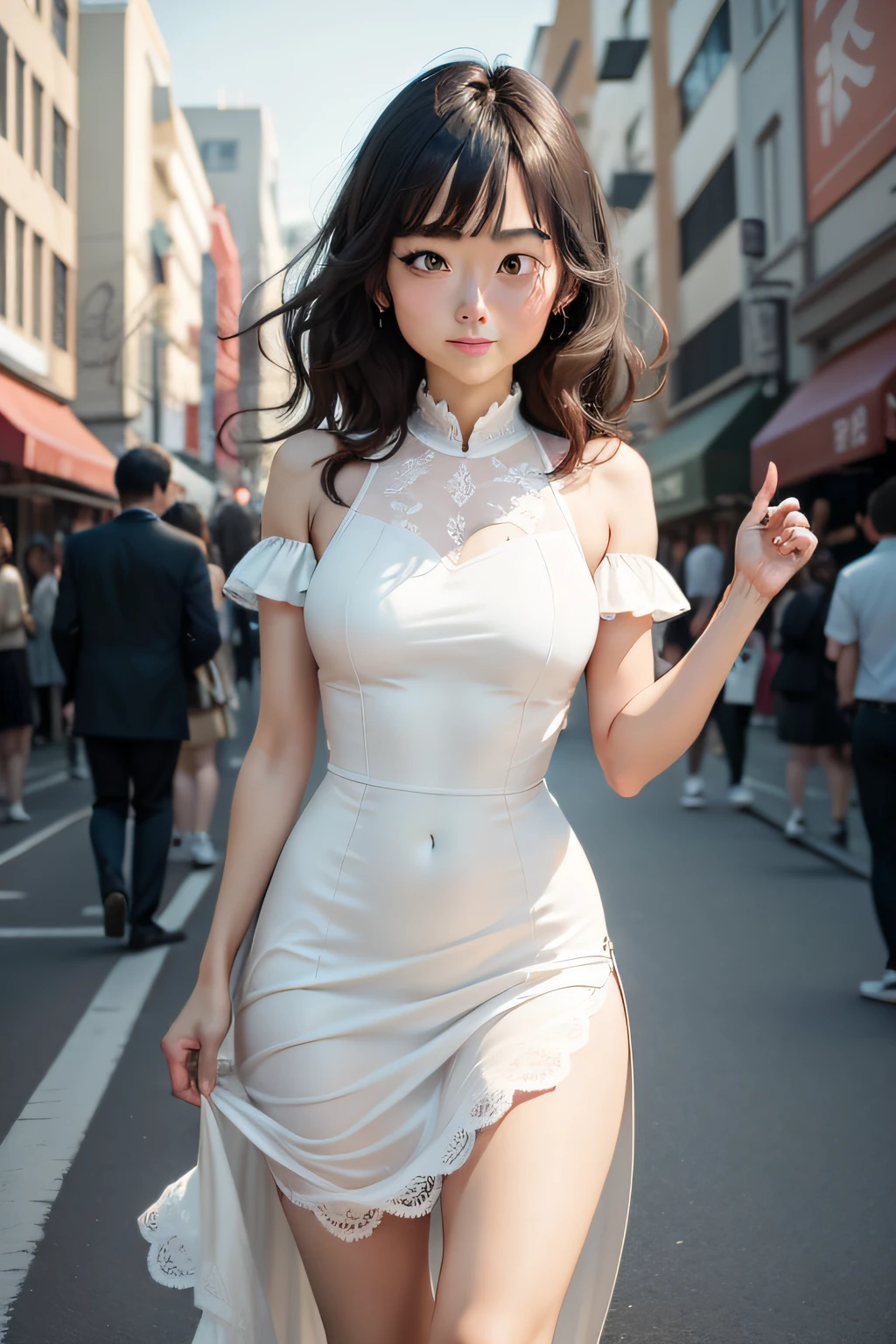 (Best quality, 8k, 32k, masterpiece, UHD: 1.2), photo beautiful Japanese woman, medium hair, (shy: 1.2), (smile: 0.9), (sight: 1.2), (beautiful detail dress, talent long dress: 1.2), white lace panties, (wind boost: 1.9), arms down, full body, wind, crowd, crosswalk, standing, (blurred background: 1.5), wind