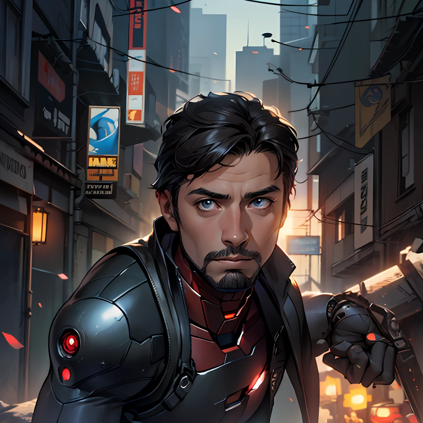 A closeup of a twenty-one-year-old in a black wetsuit with a sword, Cyborg Male, Paul Atreides, Kenshiro, Android male, Jacen Solo, profile picture, Android James, male cyborg, sharp and elegant black armor, my original face as Iron Man, Gantz, no text, concept art by my original face