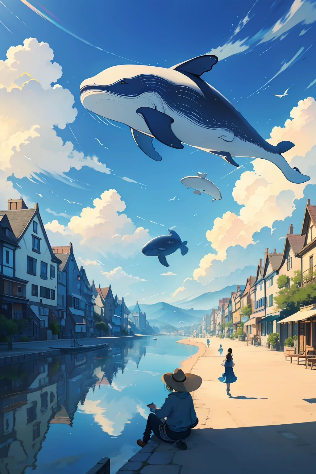 masterpiece, Surrealist painting style,Cinematic lighting,delicate and realistic,Digital painting,concept design,A huge whale flies gracefully in the blue sky and white clouds,On your back sits a beautiful fairytale town,The town houses are colorful and cute,The streets are winding,It's fun。The townspeople come and go on the back of the whale,Live and have fun。The whale's expression is gentle and amiable,The town seems to grow on it, and it is as natural and harmonious as it grows。The sun shines on the whales and the town,The view is dreamy,8K Ultra HD resolution。