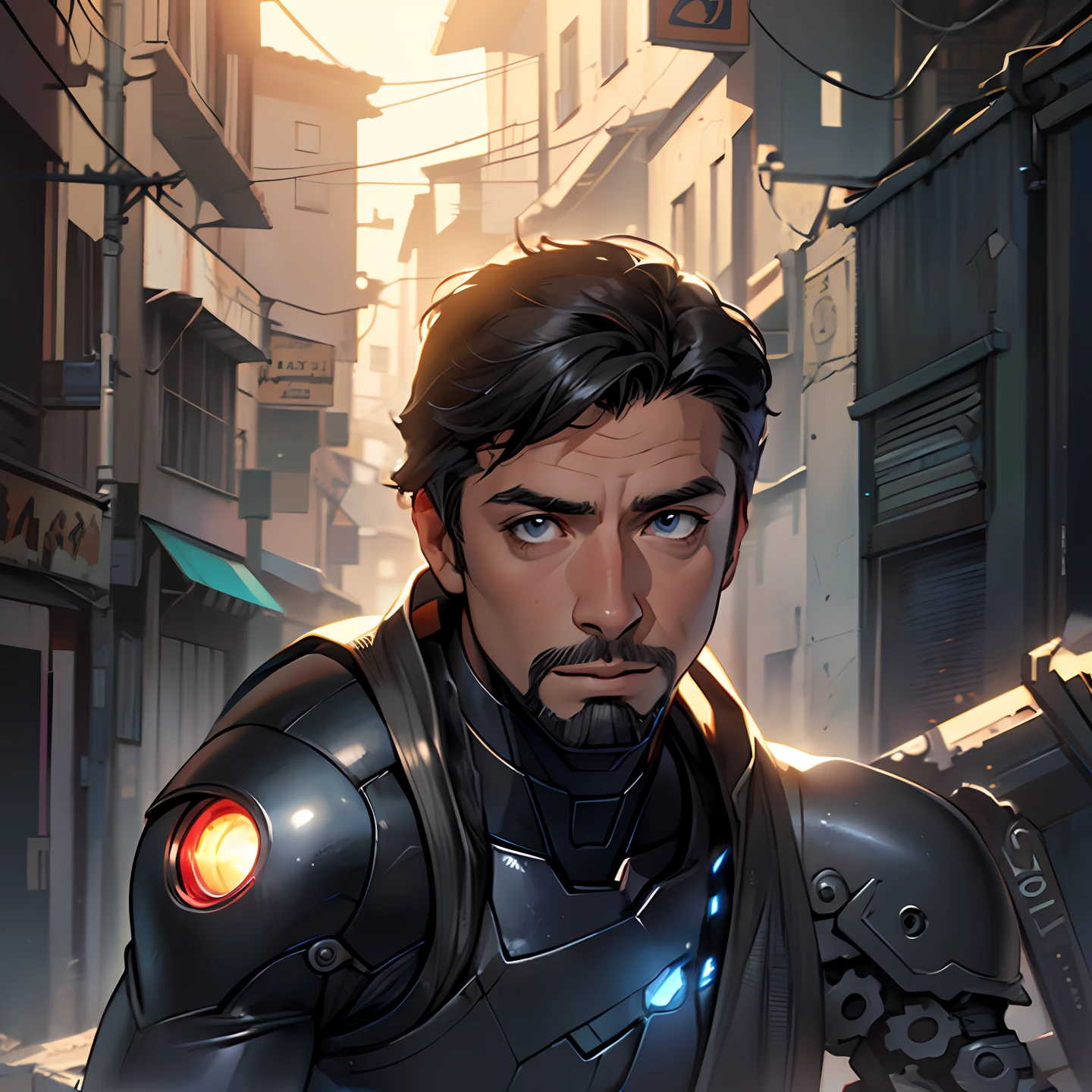 A closeup of a twenty-one-year-old in a black wetsuit with a sword, Cyborg Male, Paul Atreides, Kenshiro, Android male, Jacen Solo, profile picture, Android James, male cyborg, sharp and elegant black armor, my original face as Iron Man, Gantz, no text, concept art by my original face