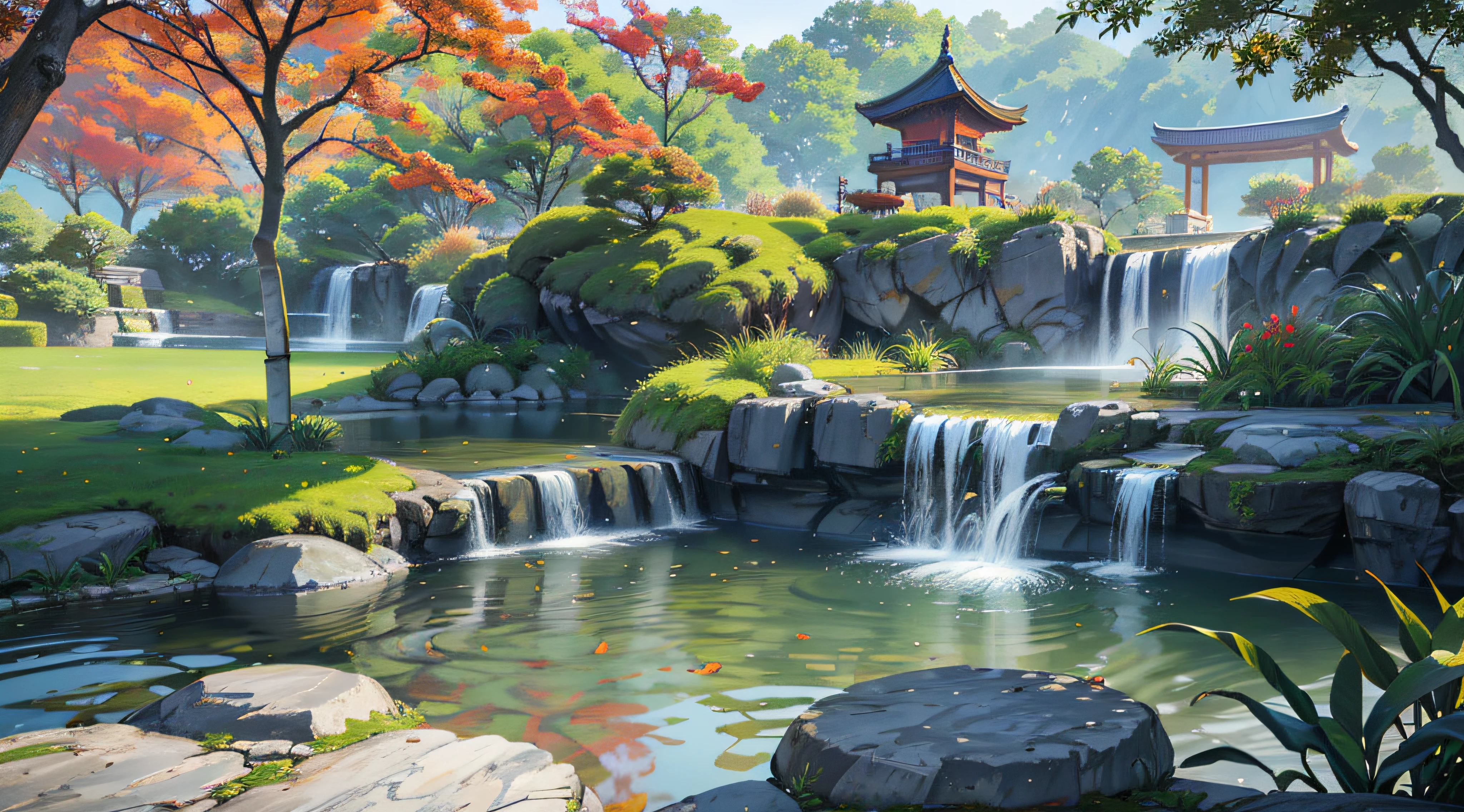 Ancient Chinese architecture, autumn, bamboo, lake, stone bridge, rockery, arch, corner, tree, tap water, landscape, waterfall, meadow, rock, water lily, hot springs, water vapor, (illustration: 1.0), epic composition, realistic lighting, high-definition detail, masterpiece, best quality, (very detailed CG unified 8k wallpaper)