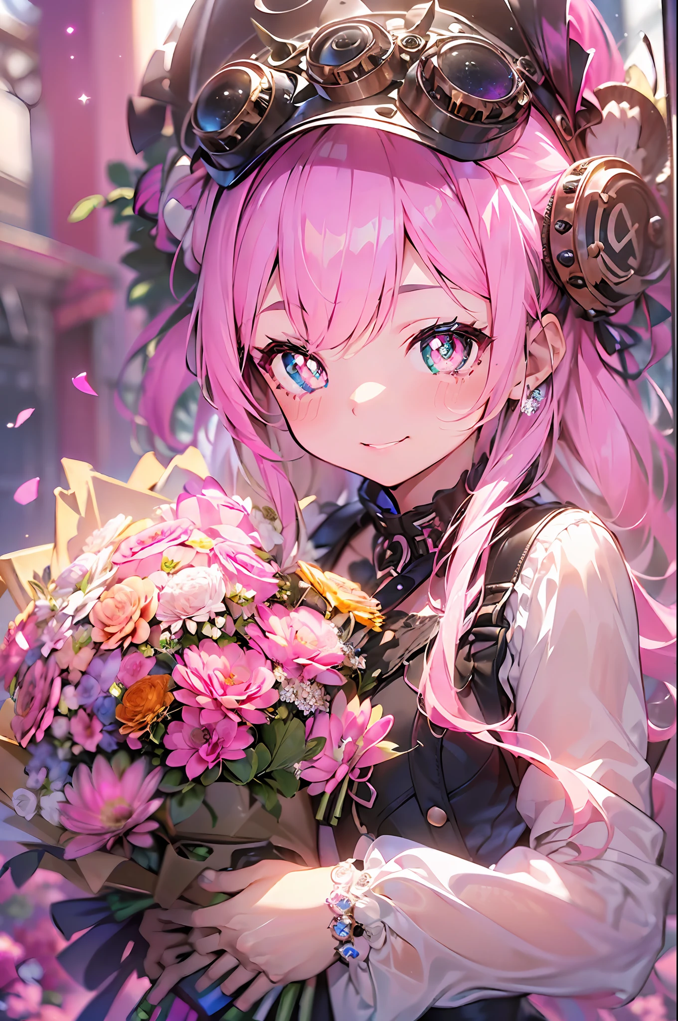 Steampunk style:2.gear、Steam engines、(hand over a bouquet:2)((masutepiece))),((ultra-detailliert,Best Quality, hight resolution)), (1 girl)((Pink hair, Long hair,Straight hair,two side up)) (Green eyes),eyeshadows, eye line,gloweyes, ultradetailed eyes, intricate eyes, Beautiful eyes, ((Glowing pink pupils))18-year-old girl、frilld.Smile .Hourglass background、Big hourglass.((High contrast RGB effect, LED effect, Kaleidoscope effect, Shining Effect, Ripple Effect, Glitter RGB effect)) (Black background: 1.5)a smile