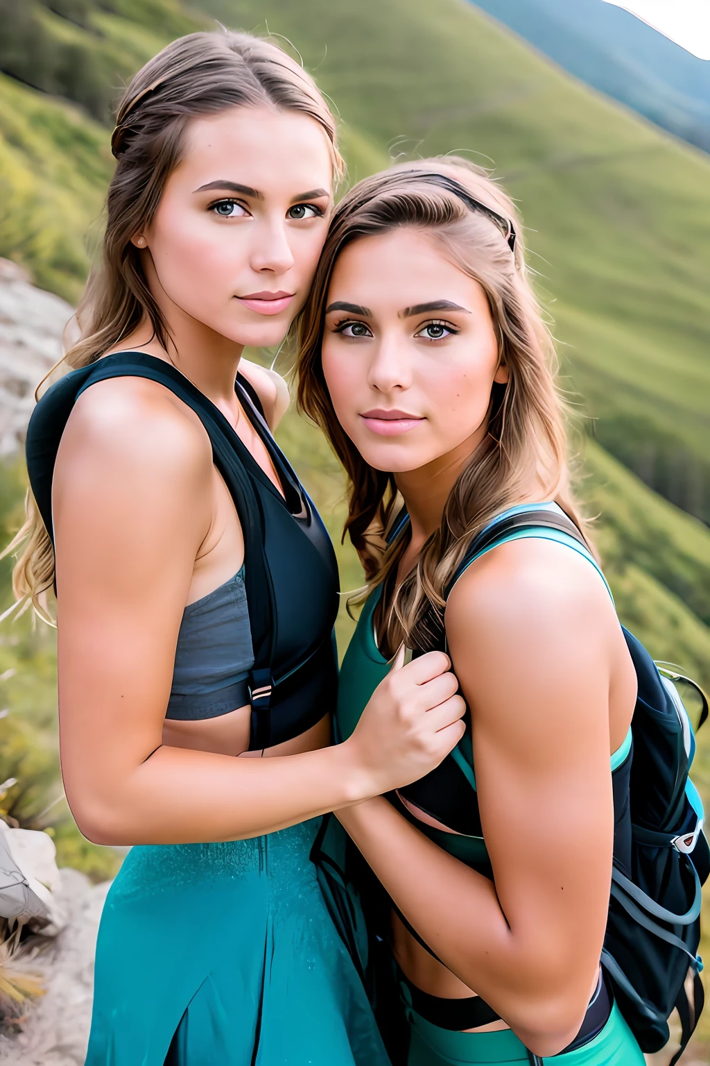 RAW photo, (((model shoot,2girls,duo))), a (portrait:1.2) of full body 2 cute women as 2 hikers on the top of a hill, (high detailed skin:1.2), 8k uhd, dslr, soft lighting, high quality, film grain, Fujifilm XT3