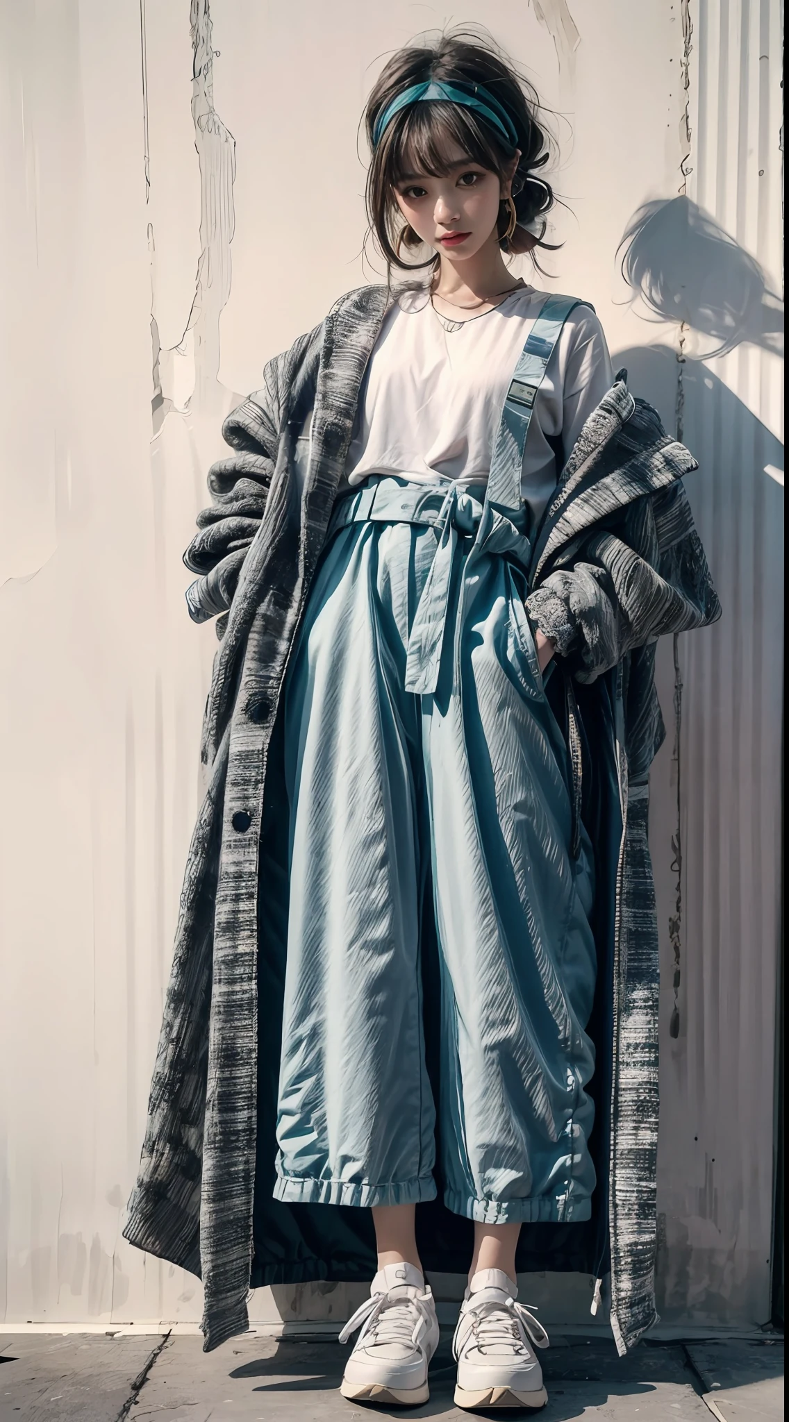 A girl in a hip-hop overall，Artistic photo style，Color contrast is outstanding，background detail，Full body photo，Third Person View，Trendy clothing，fashion illustration，Lace headband，Kawaii costume ， Clothing details，Light and shadow in detail，tmasterpiece，best qualtiy，super detailing，Works of masters