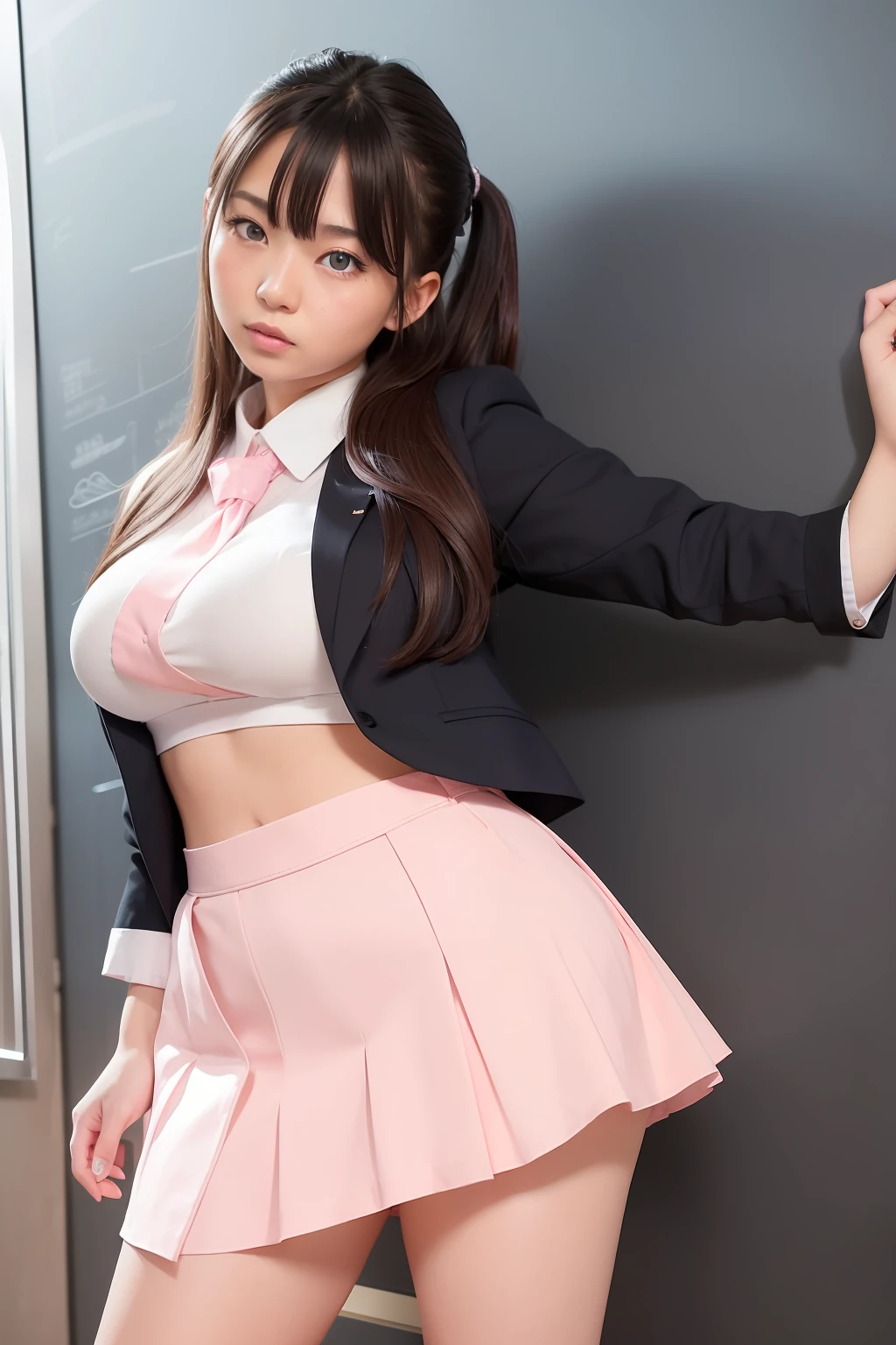 arafed asian woman in a school uniform posing in front of a blackboard, a hyperrealistic schoolgirl, wearing japanese school uniform, hyperrealistic schoolgirl, japanese girl school uniform, wearing school uniform, japanese school uniform, realistic schoolgirl, girl wearing uniform, cute schoolgirl, wearing a school uniform, jk uniform, school girl, korean girl, (1girl blue eyes light pink hair), big ass full breasts until waiting wearing, (mini sexy swinging skirt round: 1.3), varied poses.