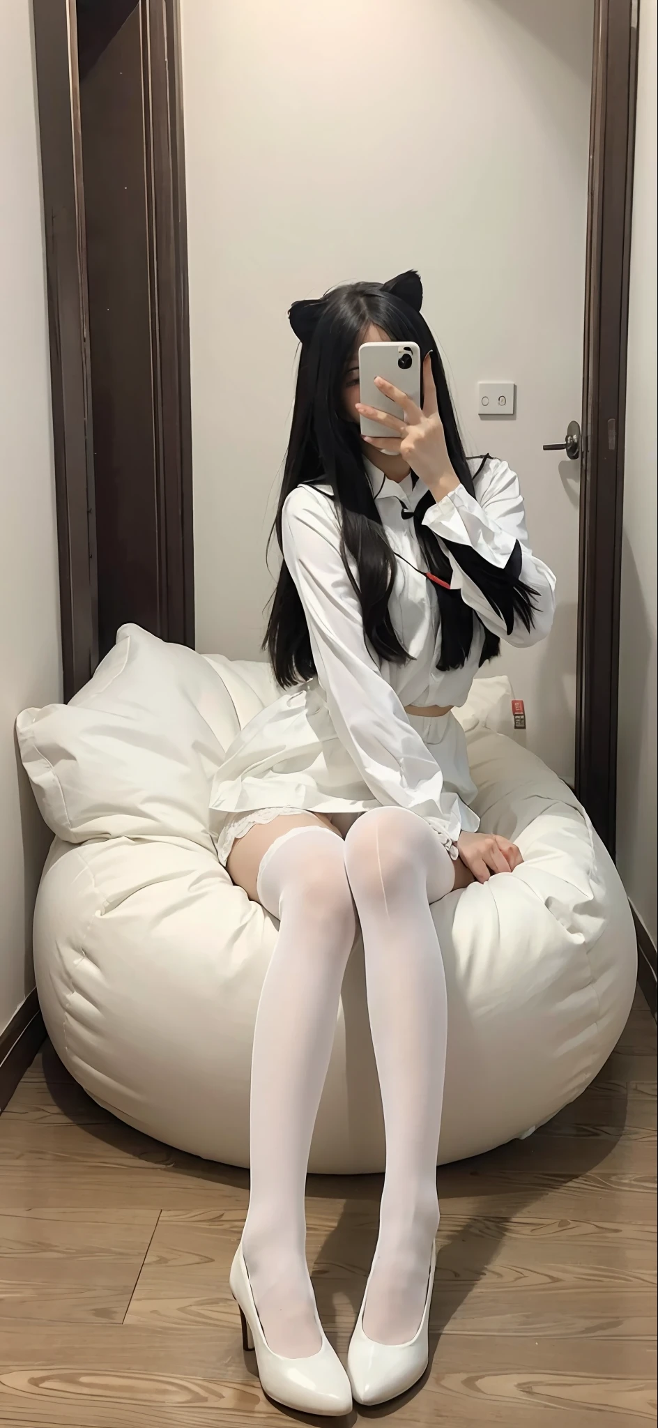 There was a woman, Arakfi, sitting on a bean bag,,Take a selfie with your phone in the mirror,Holding a teddy bear in his hand, anime barbie in white stockings, White Cat Girl, Full length and white stockings, Anime girl in real life, very beautiful cute catgirl, kerli koiv as anime girl, Anime girl cosplay, Wearing white tights, sitting in her room, sitting on her bed, White tights, White stockings
